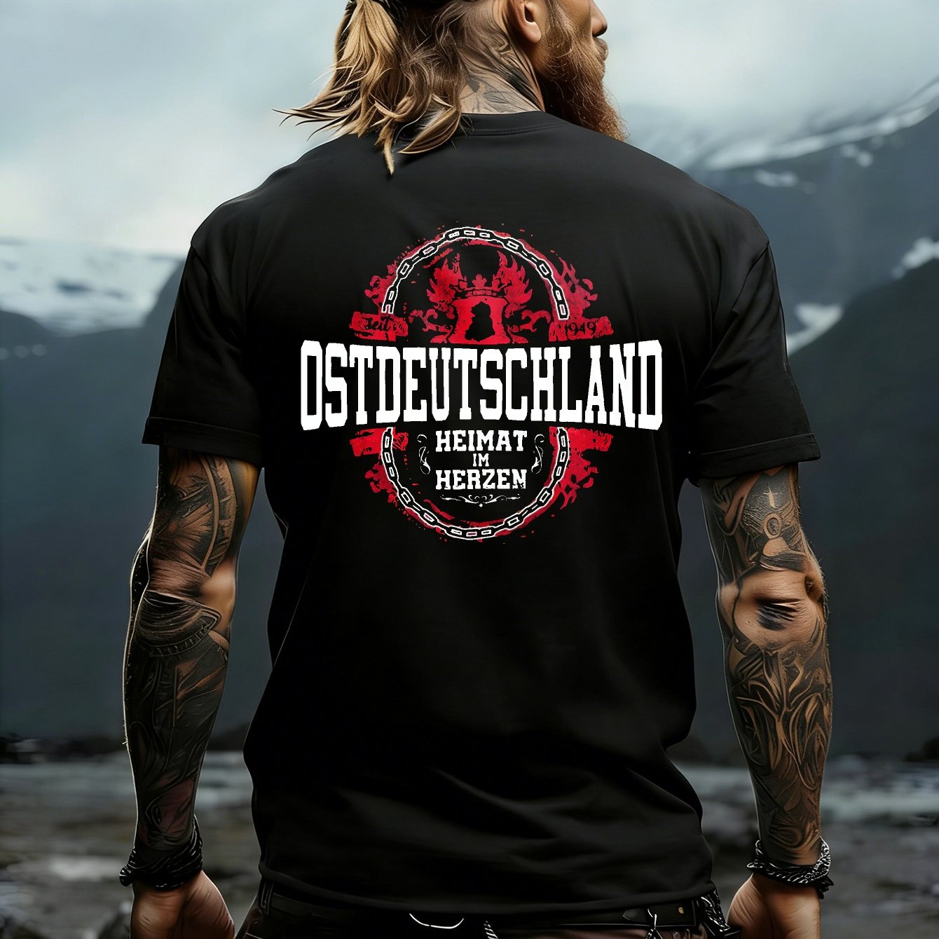Image of Black T Shirt With Ostdeutschland Heimat Im Herzen Print And Red Dragon Design For Casual Wear, Plus Size