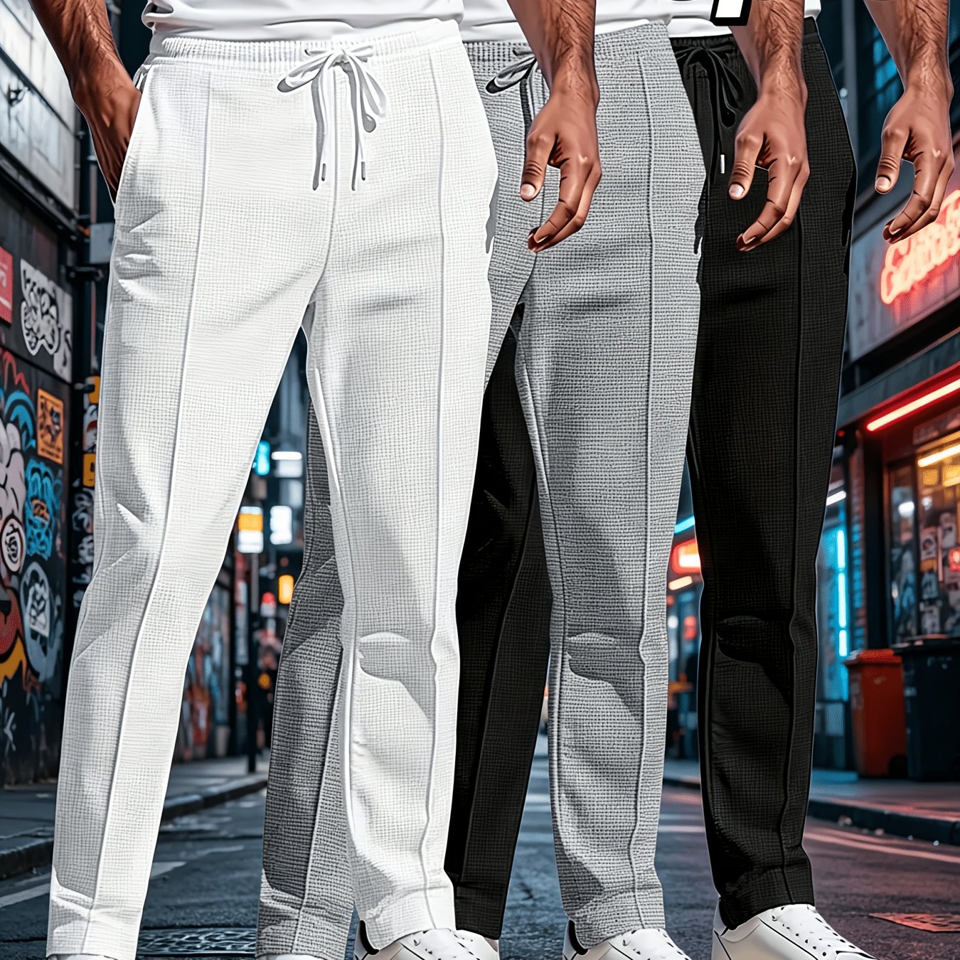 Men's Casual Waffle Pants 3pcs Set, Spring/autumn Season, , New 3pcs