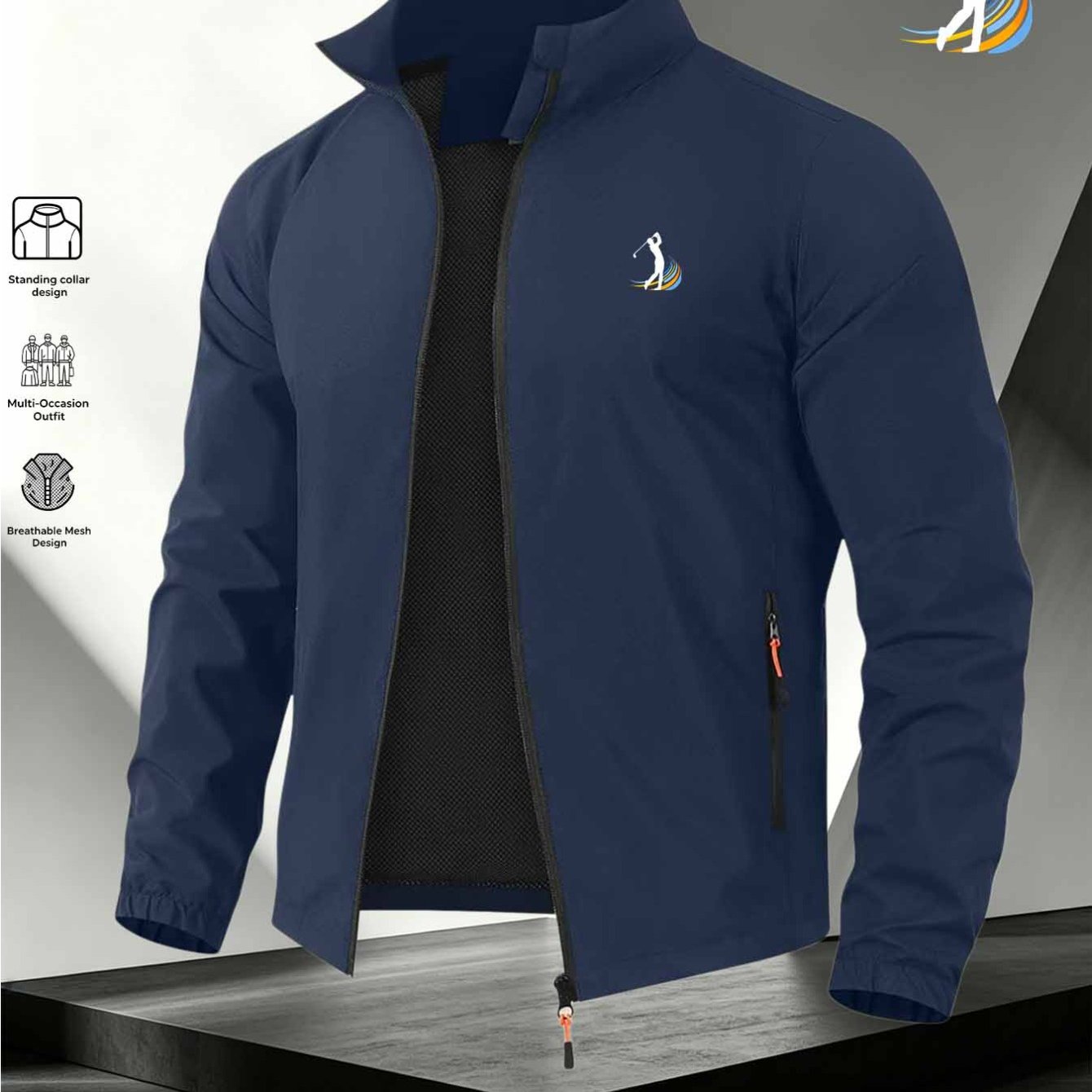 TEMU 2026 's Collar Zipper Casual Jacket, Chest Golf Character Print Logo, Breathable Mesh Lining, Lightweight And Durable Windproof Casual Coat,