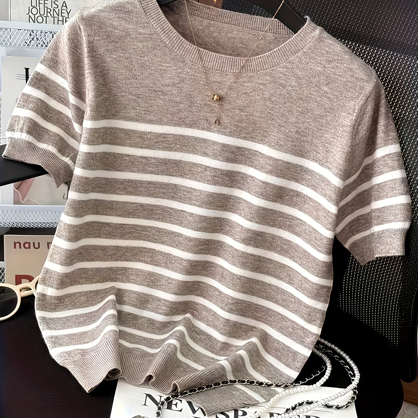 E-shop 2026 Frühling und Sommer Neues gestreiftes Hemd Damen Kurzarm T-Shirt Rundhalsausschnitt Dünn Vielseitig Locker Und