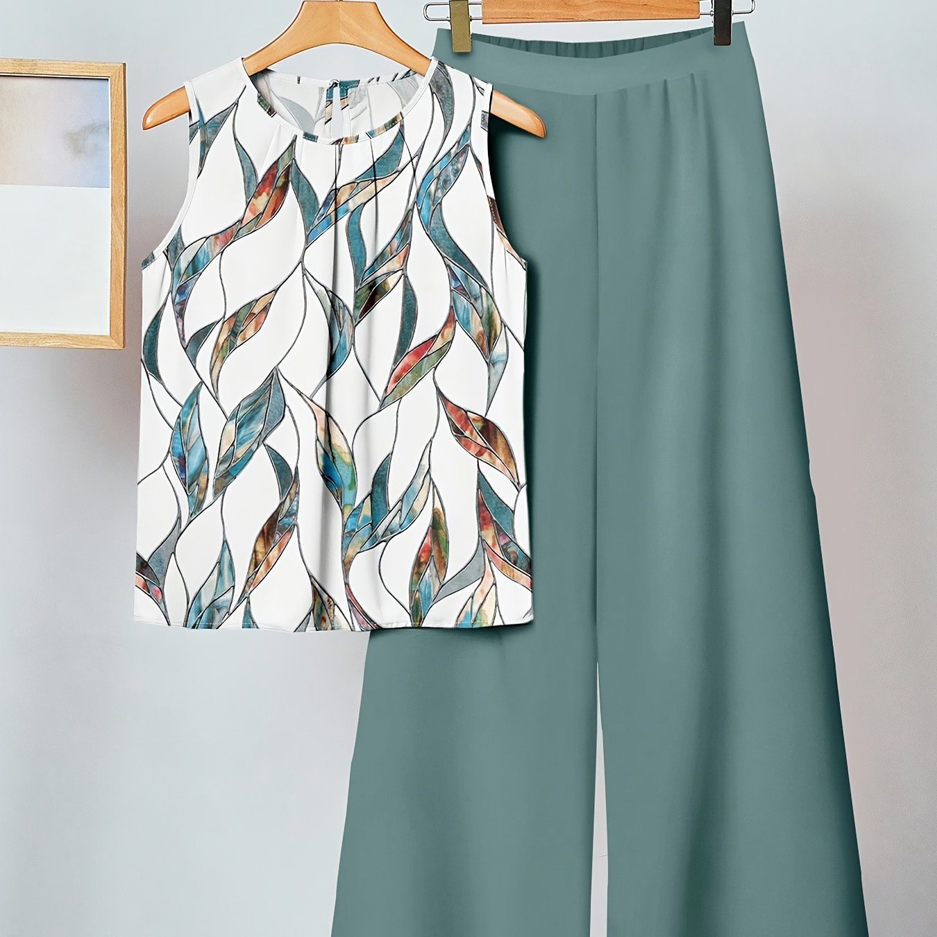2pcs Casual Sleeveless Top And Wide-leg Pants Set, Vibrant , Suitable For Summer, Early Autumn