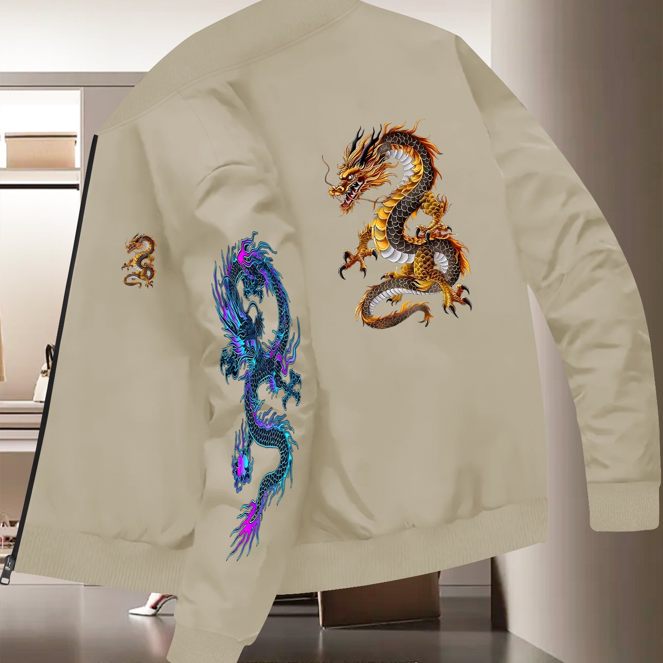 TEMU Men's Baseball Collar Jacket, Golden And Blue Double Dragon Pattern Elements, Men's Comfortable Fabric Zipper Front Fitted Style, Autumn