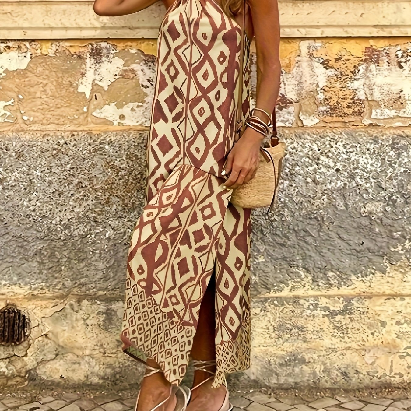 TEMU Elegant Women Long Gradient Geometric Print Sleeveless Halter Neck Super Long Dress Beachwear