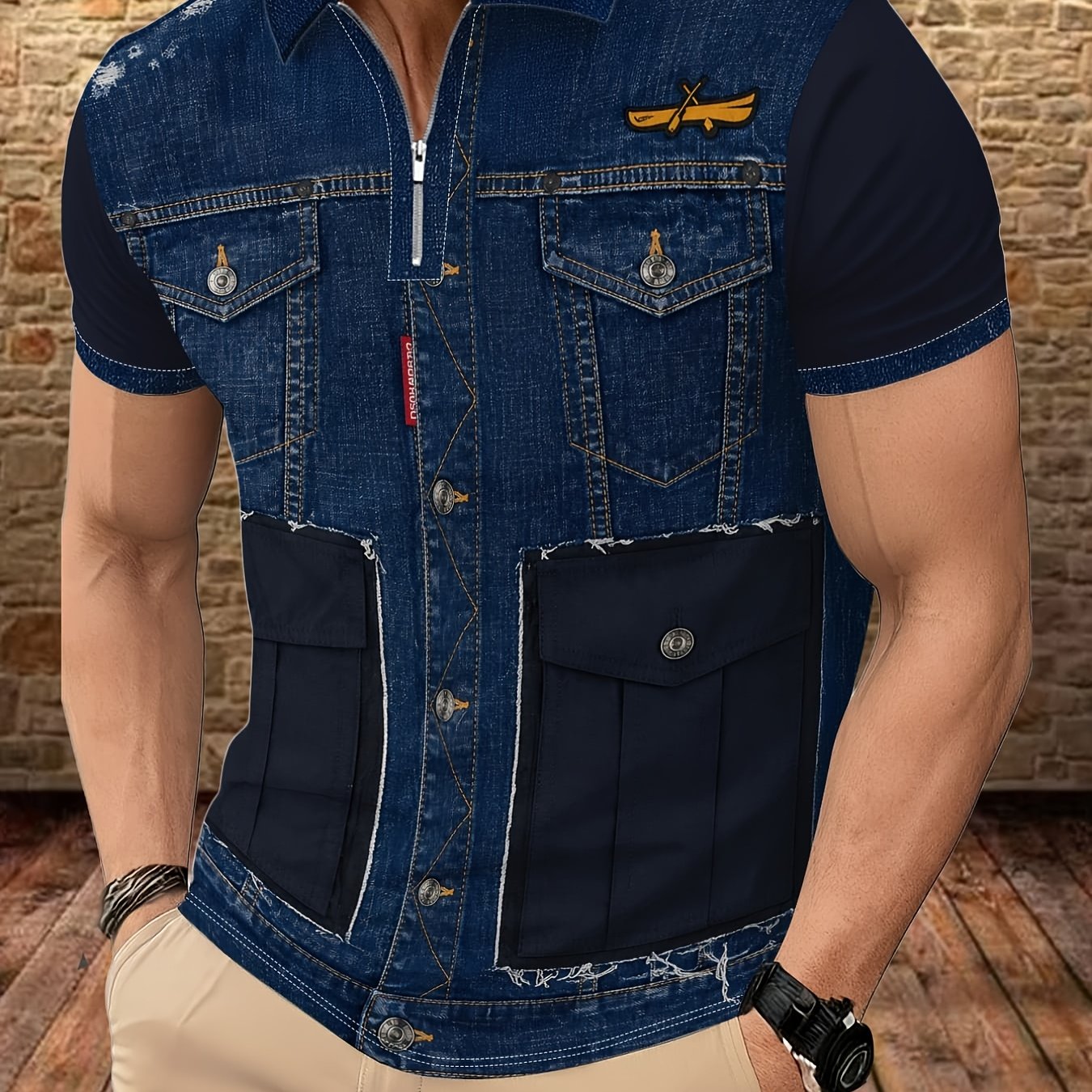 TEMU Men's Summer Casual Denim Stitched Zip Lapel Shirt New, Badge Decor Multi Pocket Slim Fit Short Sleeve Top, Street Cool Workwear Style Outdoor