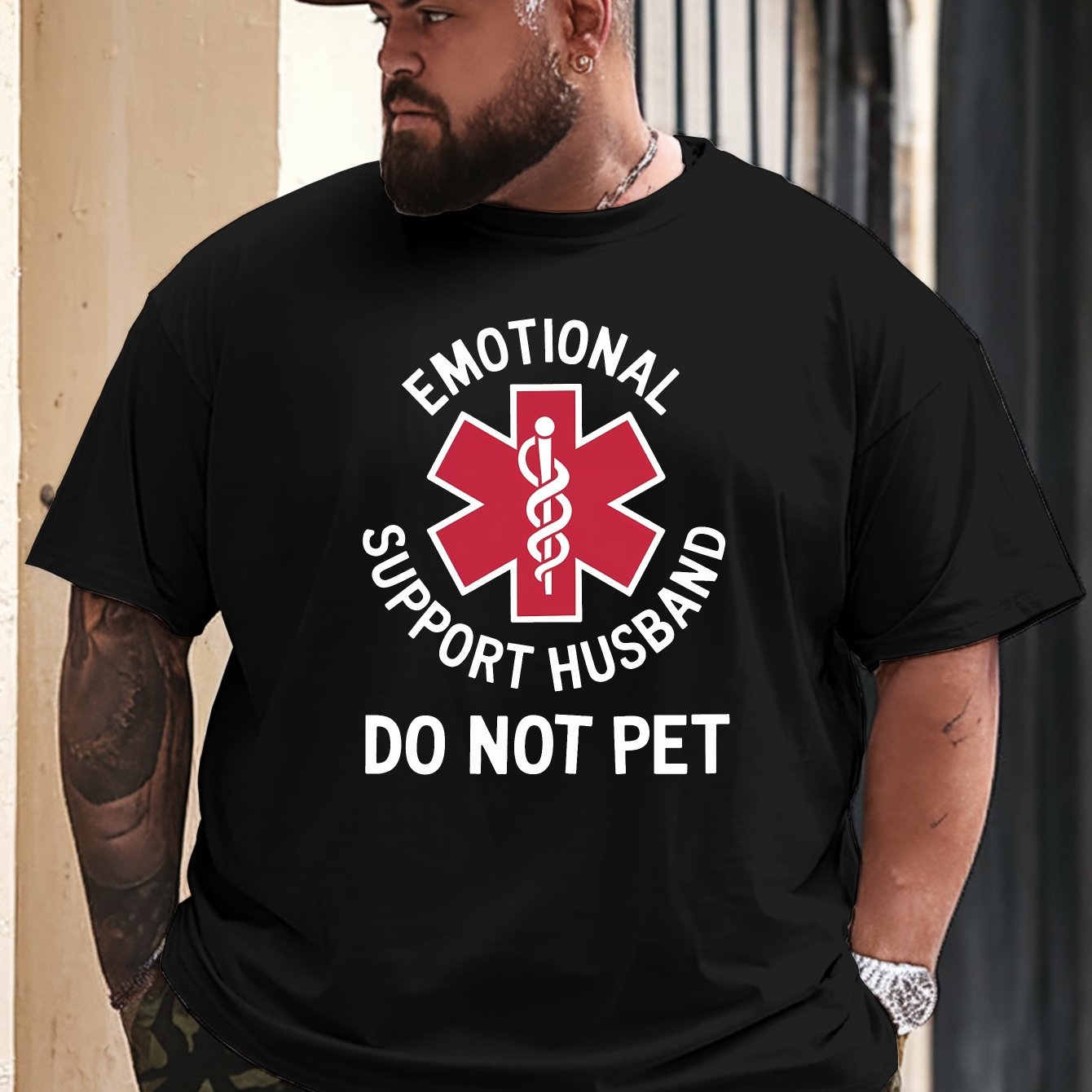 TEMU Emotional Support Husband Do Not Pet New Oversized Short-sleeve T-shirt Featuring Prints, Designed For And Style For Larger Men, Perfect For