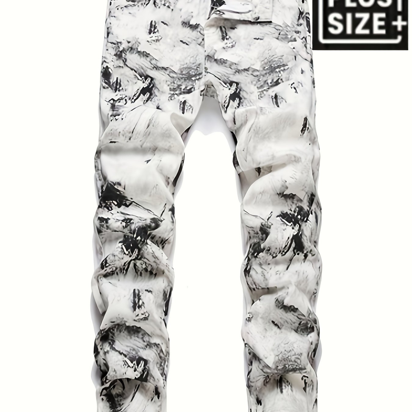 Image of [hme] Fall/winter Plus-size Men's Jeans Mid-rise Stretch Slim Straight Fit, Featuring Ink-wash Prints& -. Stretch Fabric, Machine Washable, Wear. Built-in Ykk Zipper. -style Essential., Plus Size