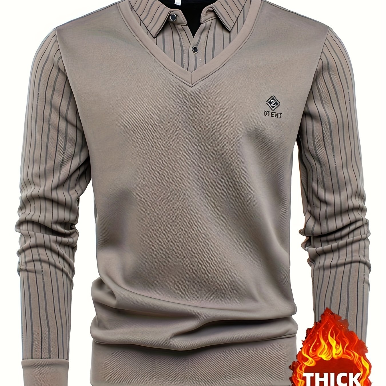TEMU Autumn Winter 's Long Sleeve Thickened Fleece Fake Two-piece Top, Design Label, Thin Stripe Pattern All-match Fashion , Warm And Soft Cold-proof