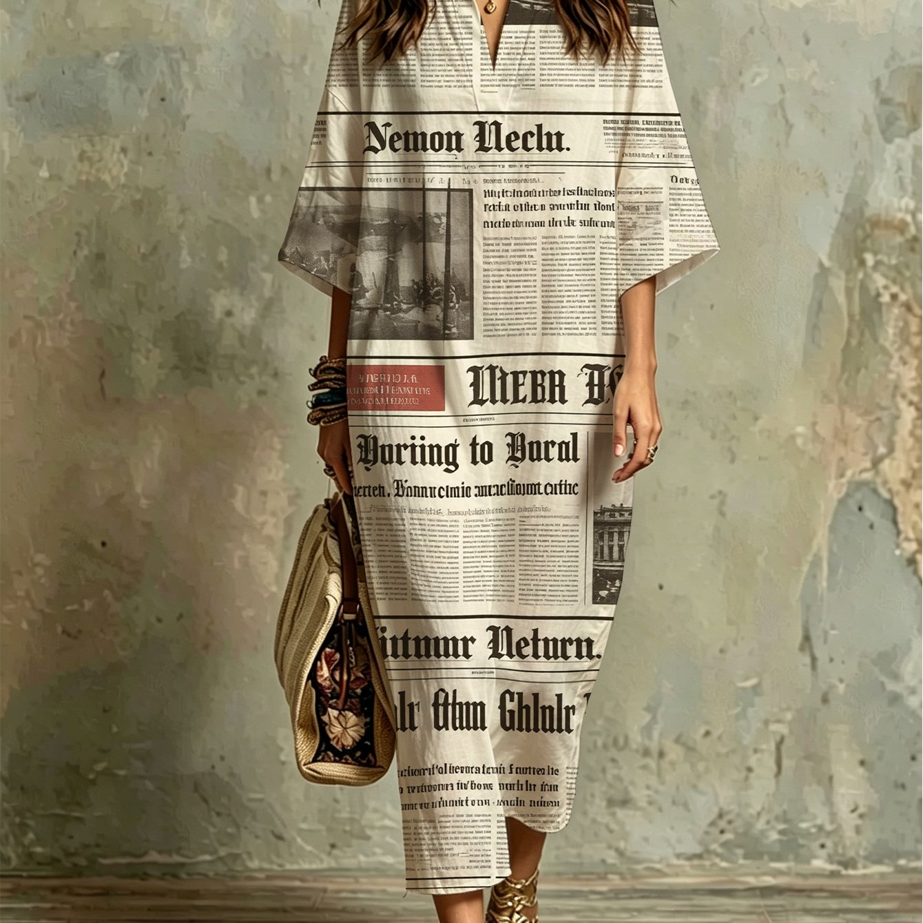 Image of Plus Size, Vintage Newspaper Print Fashion Casual Kaftan Dress - Comfortable, Lightweight, Stylish, Versatile For Beach Vacations, Summer Parties, Casual