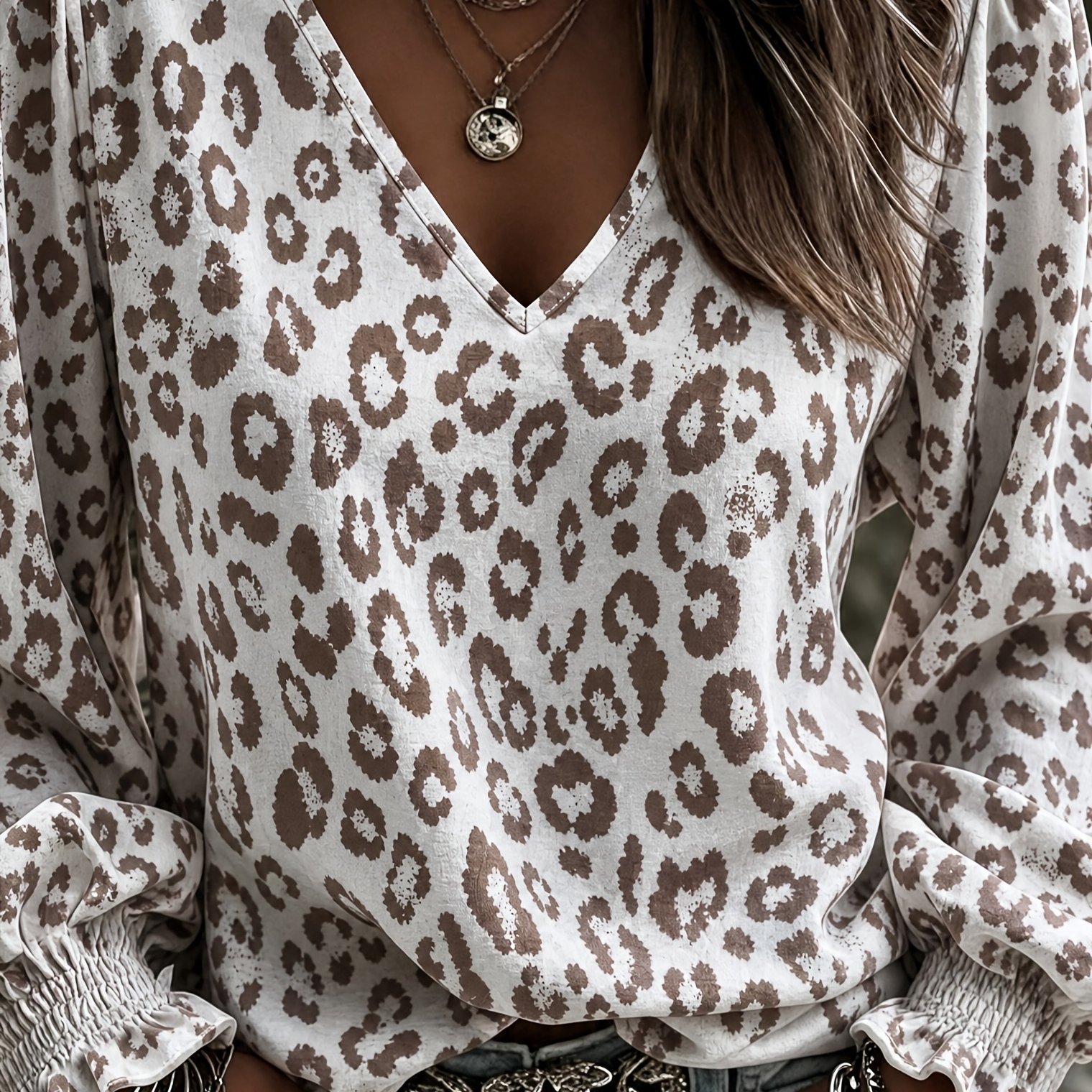 TEMU Women's V-neck Leopard Print Lantern Sleeve Top