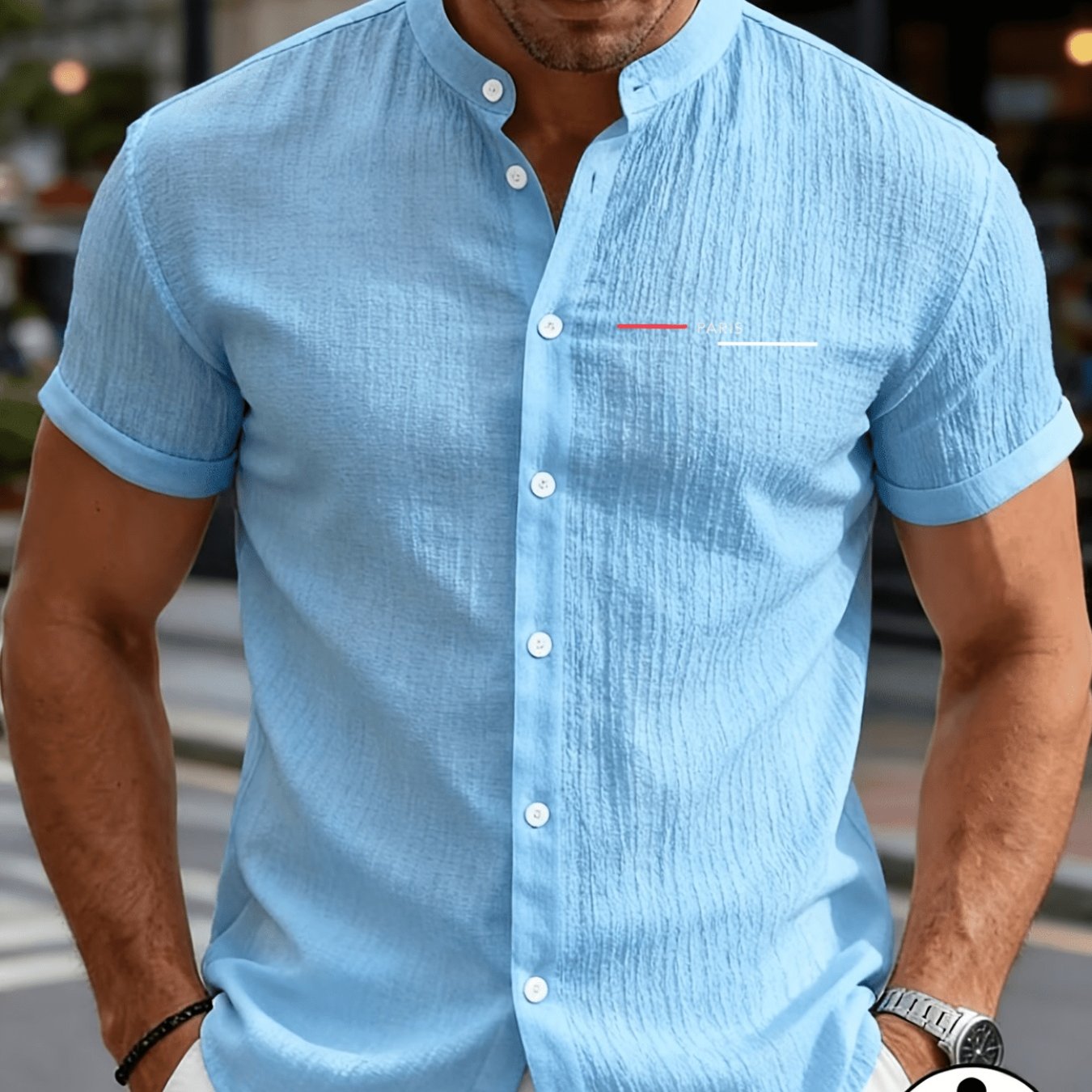TEMU Men's Lightweight Breathable Short-sleeve Button-up Shirt - Stand Collar Solid Color Beach Shirt, Machine Washable Suitable For Pool Parties,