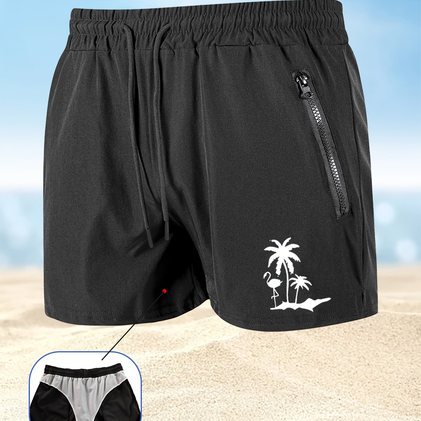 Men's Printed Anchor Loose Beach Shorts Sportswear, Zipper Pocket Drawstring Quick-dry Shorts, Lightweight Shorts, Suitable For Summer Beach Vacation Surfing