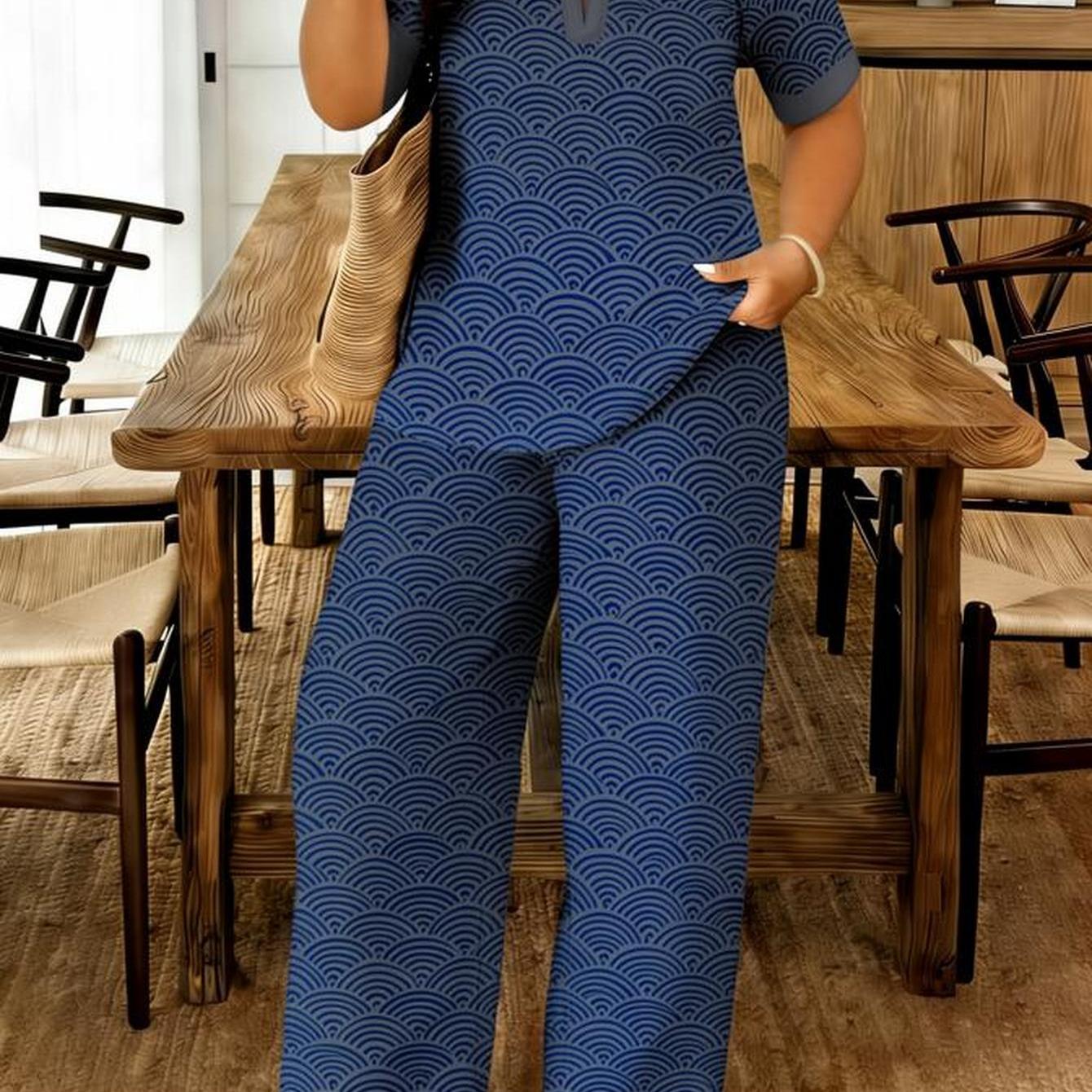 Image of Plus Size - Plus Size - Plus Size Women's 2pcs Set Blue Short Sleeve Wide Leg Pants Wear Comfortable Outfit For Spring/summer Outdoor Outfits, Mother's Day Gifts
