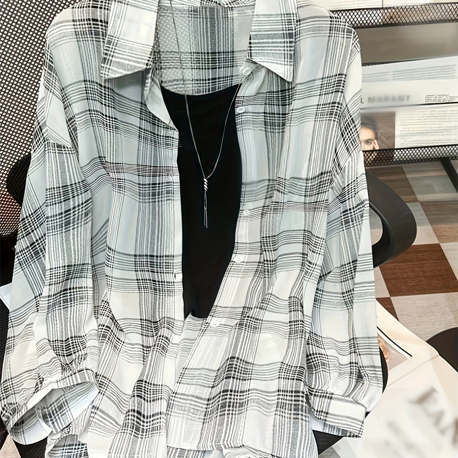 TEMU Chemise ample à manches longues en de soie chiffon à carreaux pour femme, haut léger, respirant et polyvalent pour décontractées, et , en été et