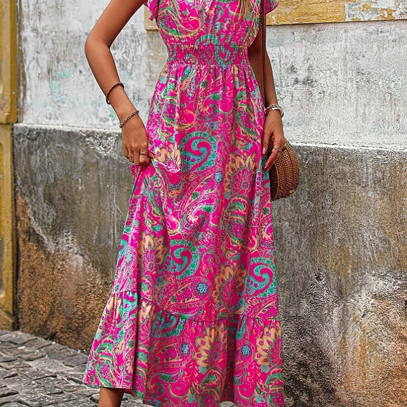 TEMU Women's Vibrant Floral Print Maxi Dress - V-neck, Short Puffy Sleeves, Pleated Waist, And Frilled Hem For Summer & Spring, Casual Attire, Casual