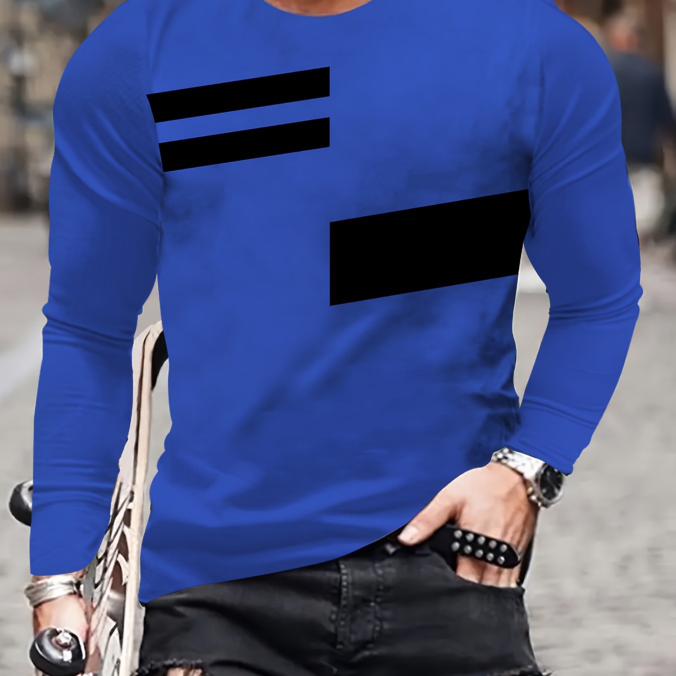 TEMU Men's Plus Size Creative Crew Neck Top, Men's Fashion Long Sleeve Crew Neck T-shirt, /autumn Creative Top For Men, Men's Trendy Long Sleeve Crew
