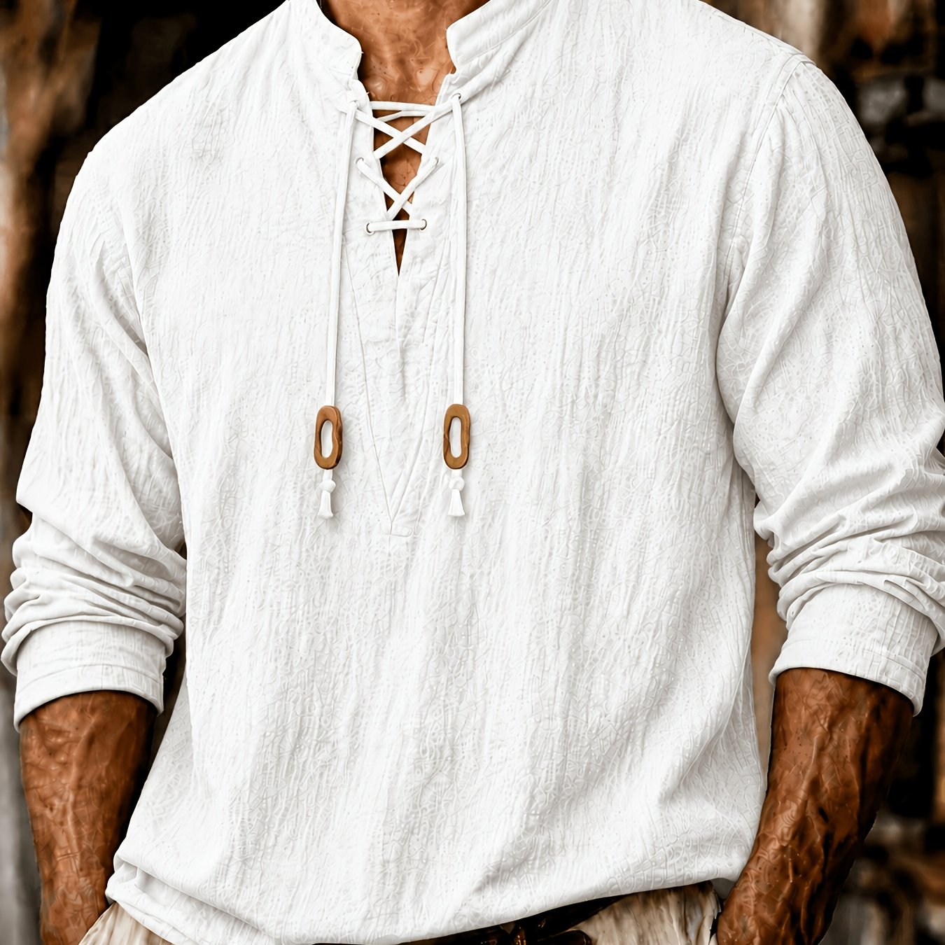 TEMU Men's Vintage-style Long-sleeve Shirt With Tie Details - Medieval Style, Breathable And Machine Washable, Suitable For Spring And Summer Outdoor