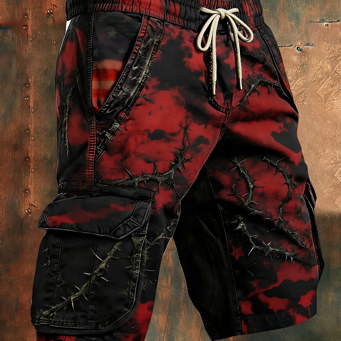 Image of Plus Size Men' Versatile Casual Tooling Shorts - Full Of Red And Black Thorn Patterns, Elastic Waist With Drawstring, Comfortable And Skin-friendly, Suitable For Daily Commuting