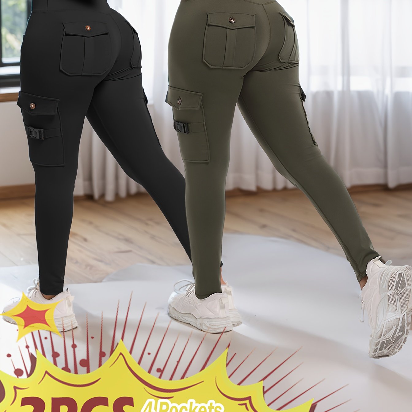Image of 2-pack High-waisted Cargo Yoga Leggings With Slide Pockets - Tummy Control, 4 Pockets, Breathable, Stretch, Moisture-wicking, Fitness Pants For Running, Gym, And Yoga Enthusiasts