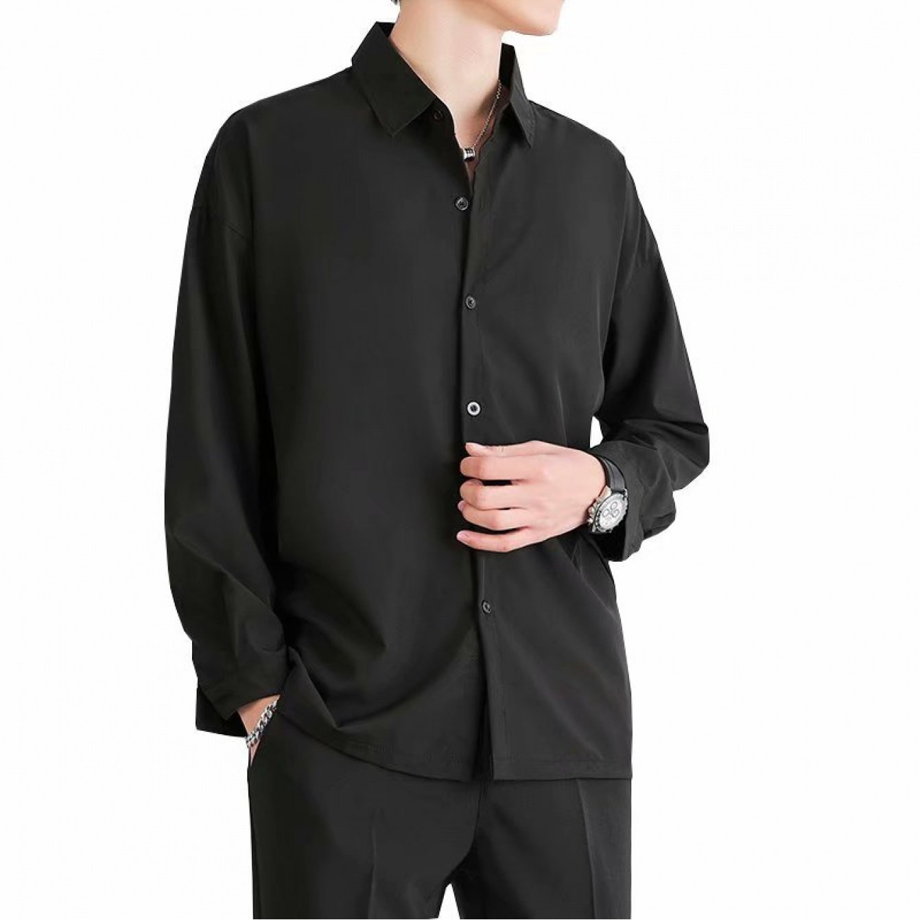 TEMU サマーアイスブラックシャツ メンズ ドレープ加工 長袖 インナーウェア アイロン不要 ルーズ カジュアル フリル グレーシャツ 男の子用