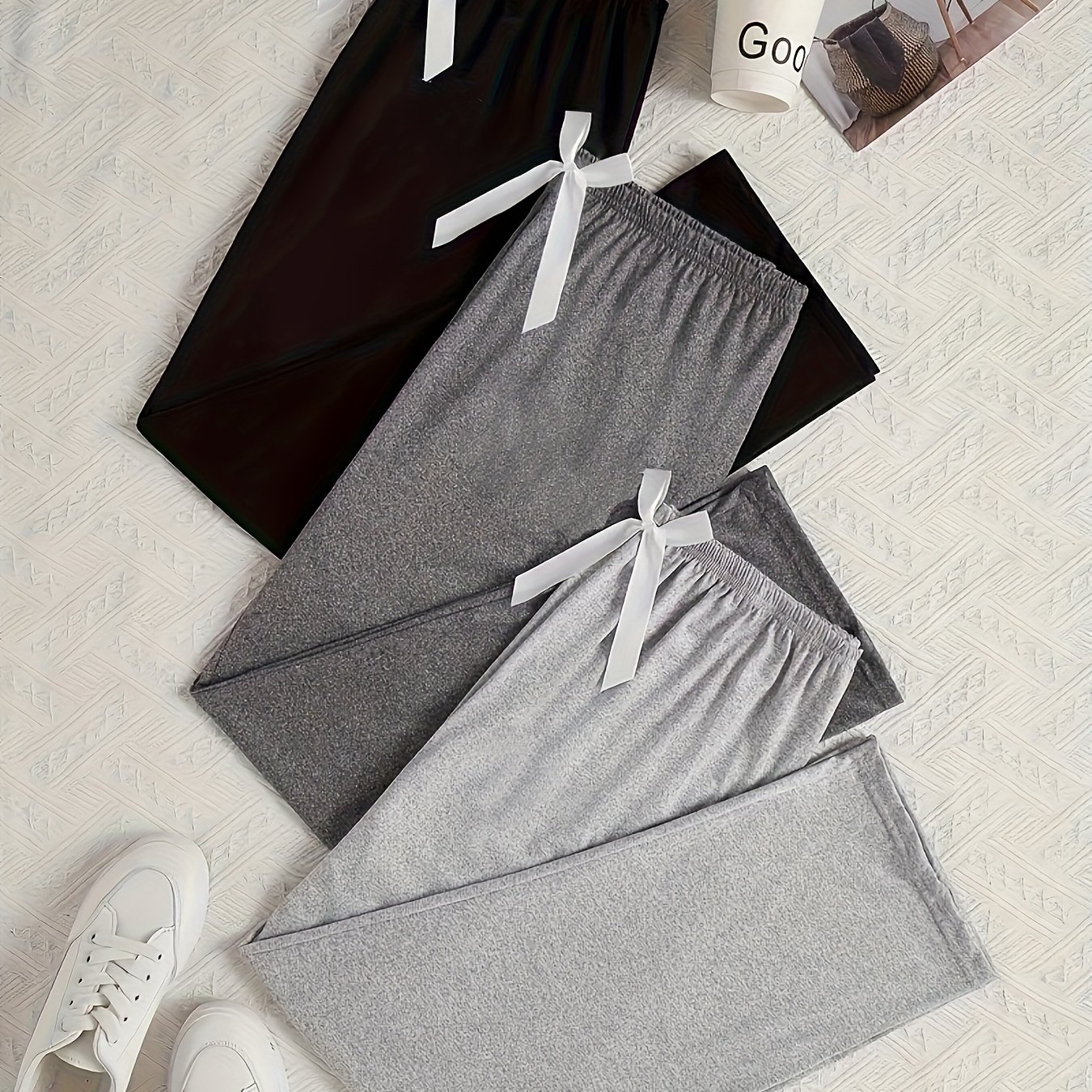 Spring Summer Casual Solid Color Long Pants 3pcs Set Women's Pajamas -friendly Women' Pants
