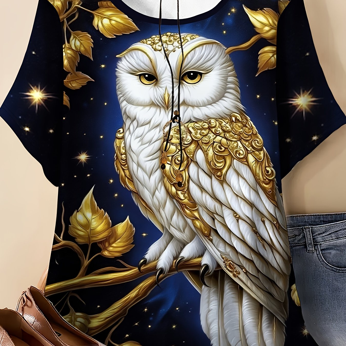 TEMU Plus Size - Plus Size - Women's Beautifully Patterned Owl Print T-shirt - Casual Short-sleeve Round Neck Top, Featuring Art Design, Breathable
