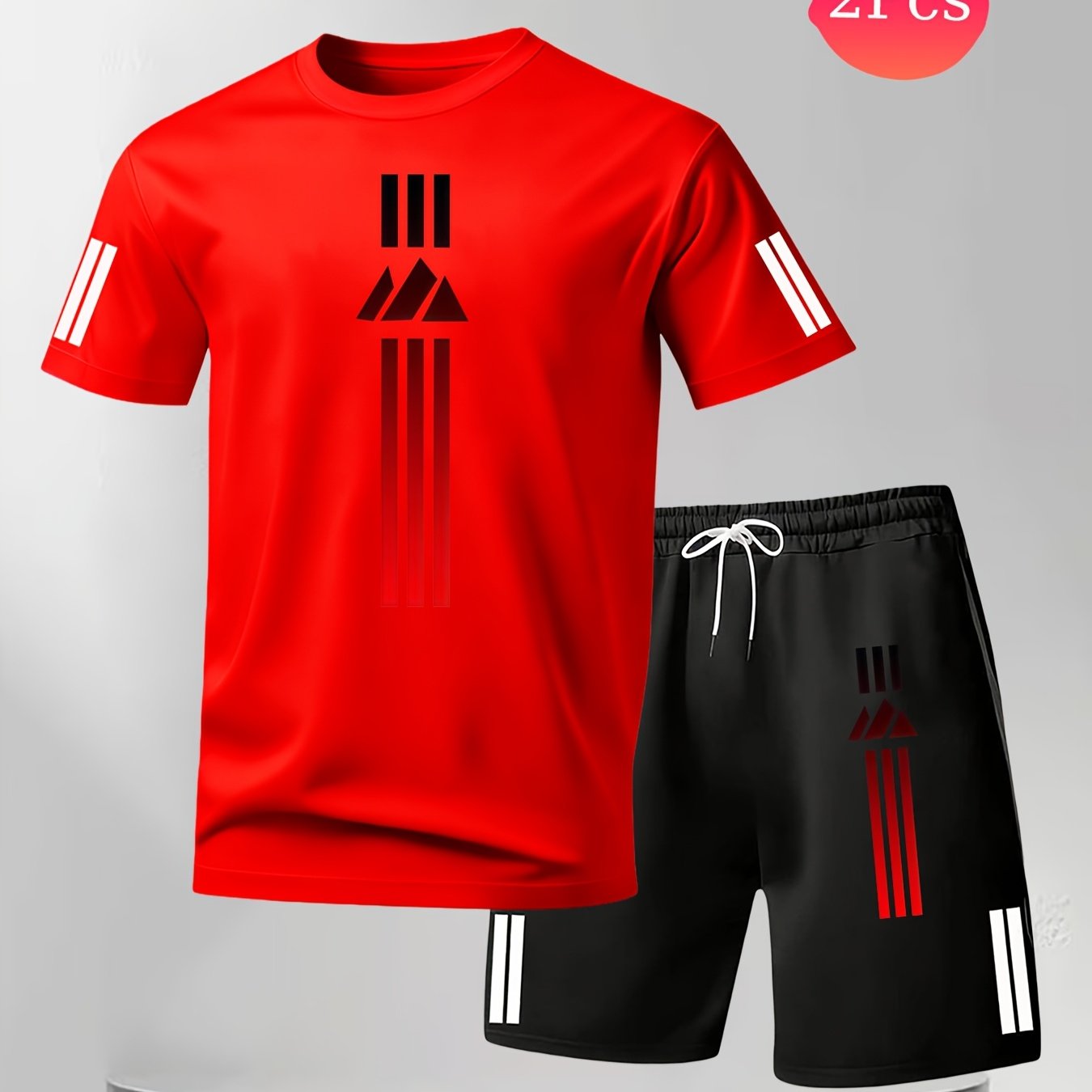 E-shop Herren-Set mit rotem Streifen- Dreiecksdruck, atmungsaktiv, schnelltrocknend, Kurzarm-Shirt + Shorts, 2-teiliges Set, kühle schweißfreie