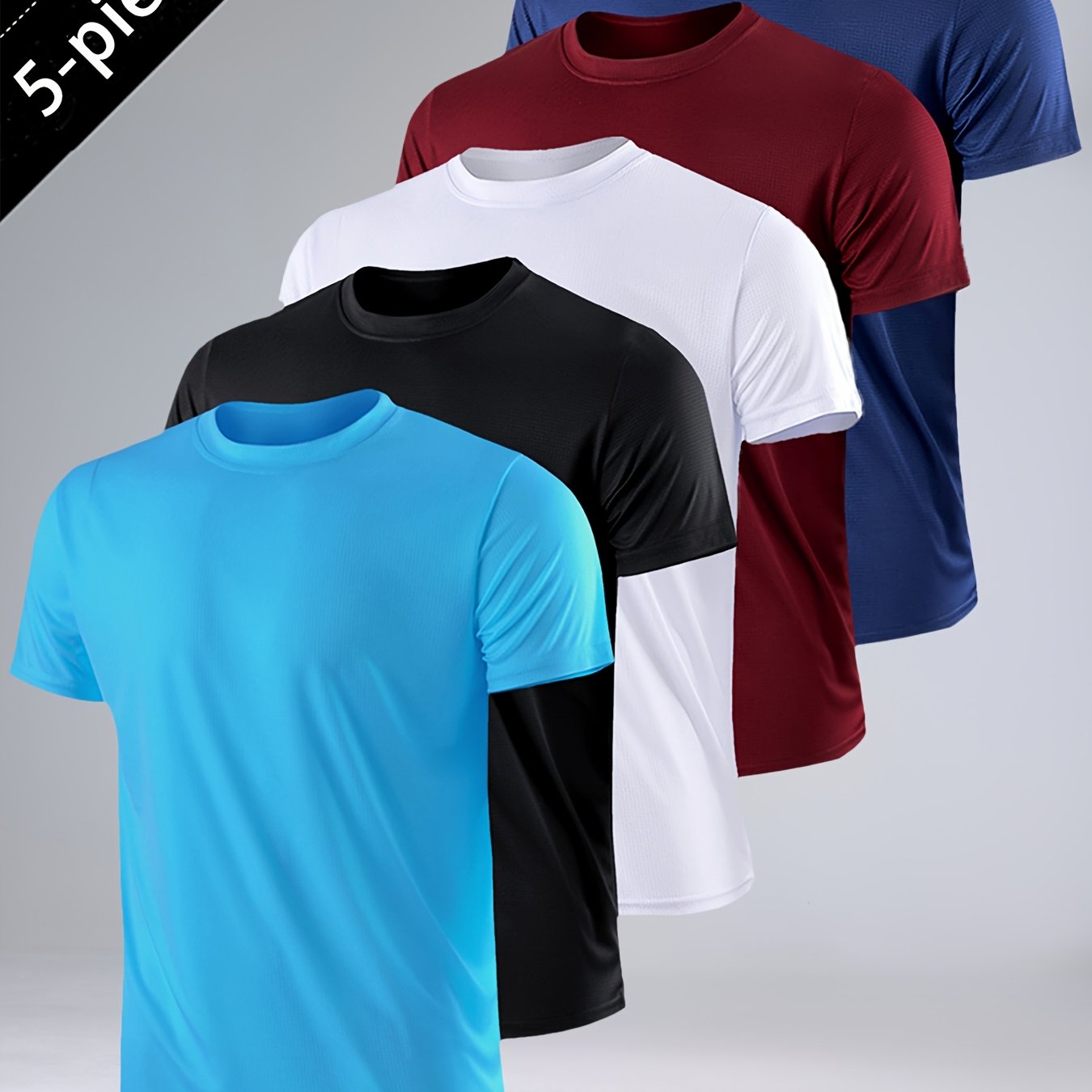 E-shop 5 Stück Herren Sport-T-Shirts, feuchtigkeitsableitende Lauf-Shirts, schnelltrocknende Kurzarm-Shirts, leichte atmungsaktive