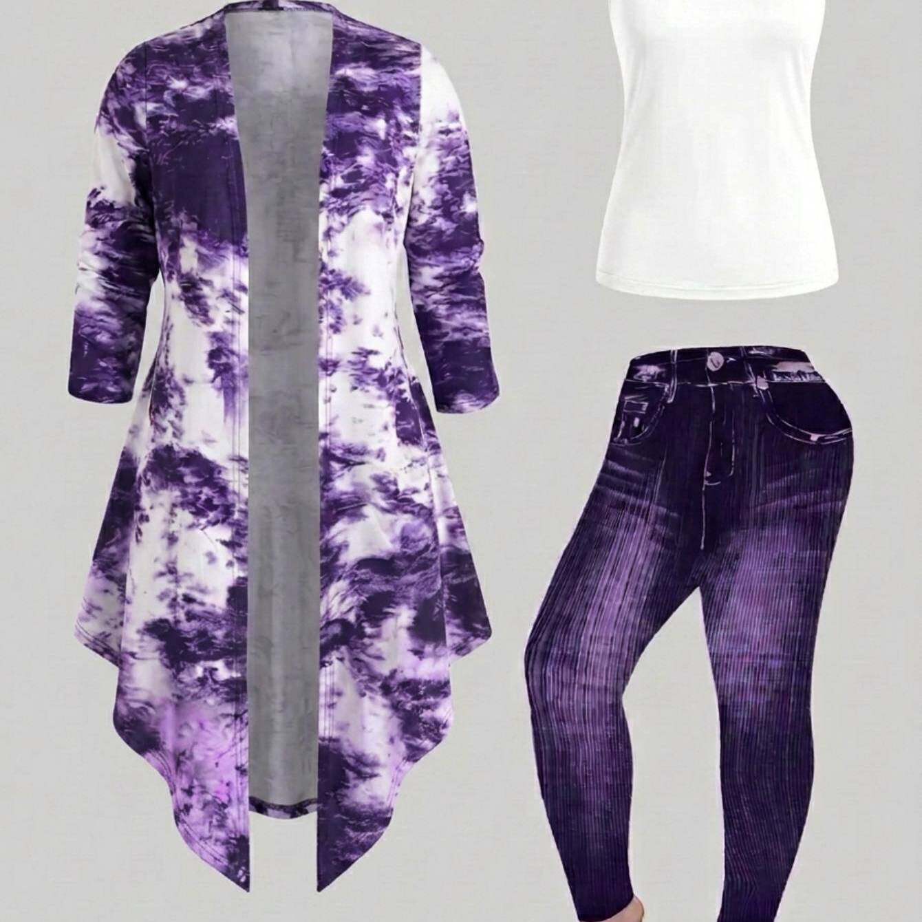 TEMU Women' 3pcs Tie-dyed Cardigan Camisole & Gradient Trousuits Suit - Purple/white Matching Outfit, Hand Washable 3pcs Ensemble For Spring Summer
