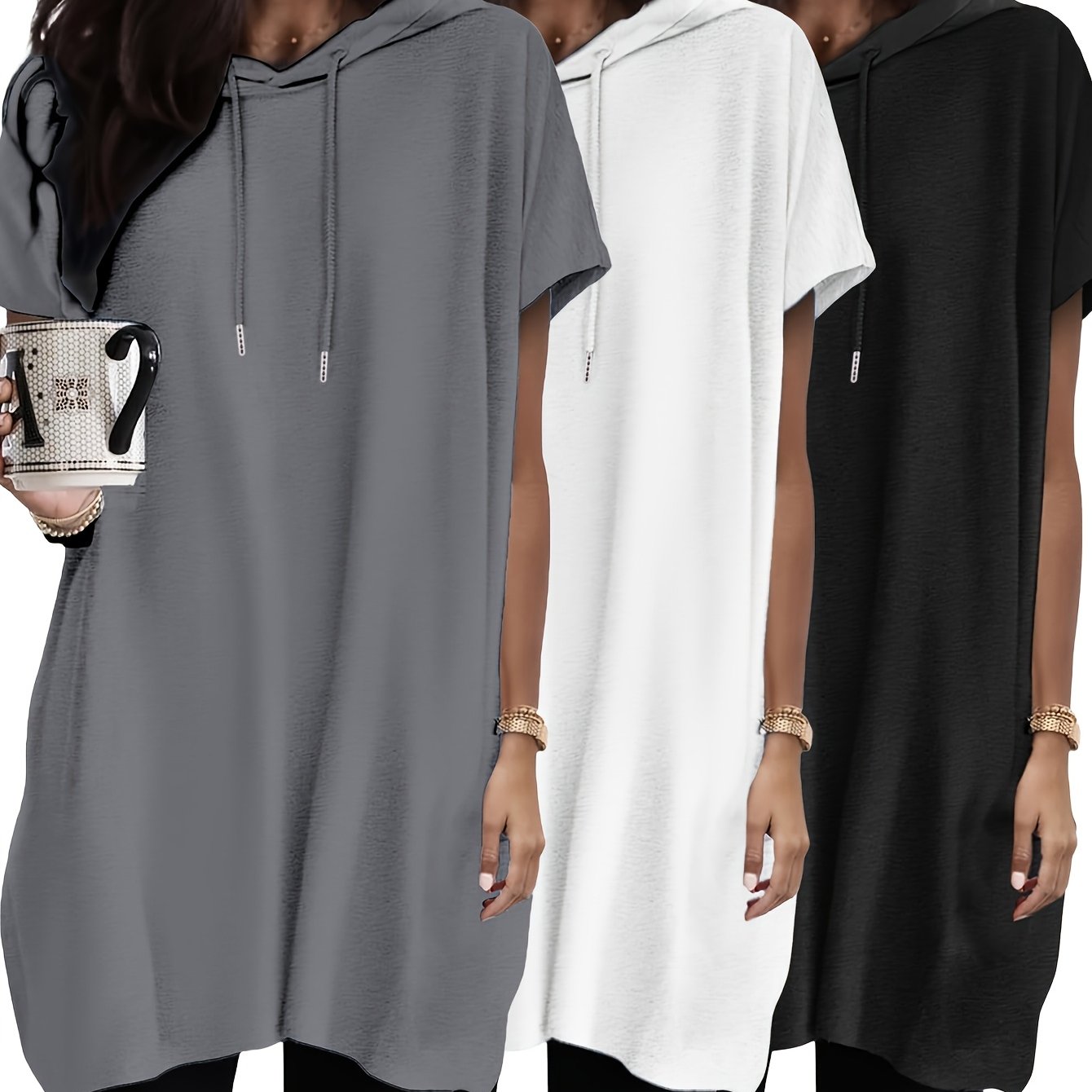 Image of 3pcs Set Women's Fashionable Hooded Top, Casual Loose-fit Hoodie, Basic Women's Shirt, Elegant And Comfortable Short-sleeve Long T-shirt