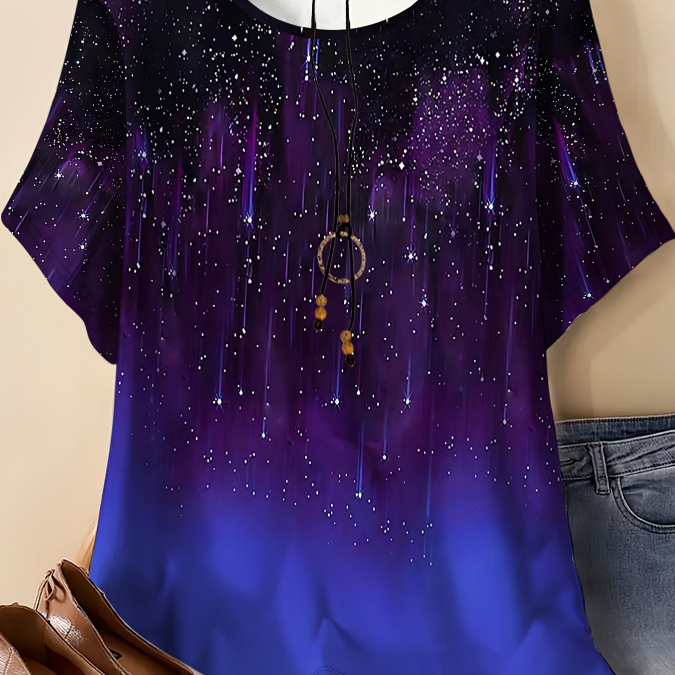 TEMU Plus Size, Plus Size Women's Round-neck T-shirt Features A Gradient Starry "deep Purple- Light Blue" As A Base, With Dynamic Star Point Elements