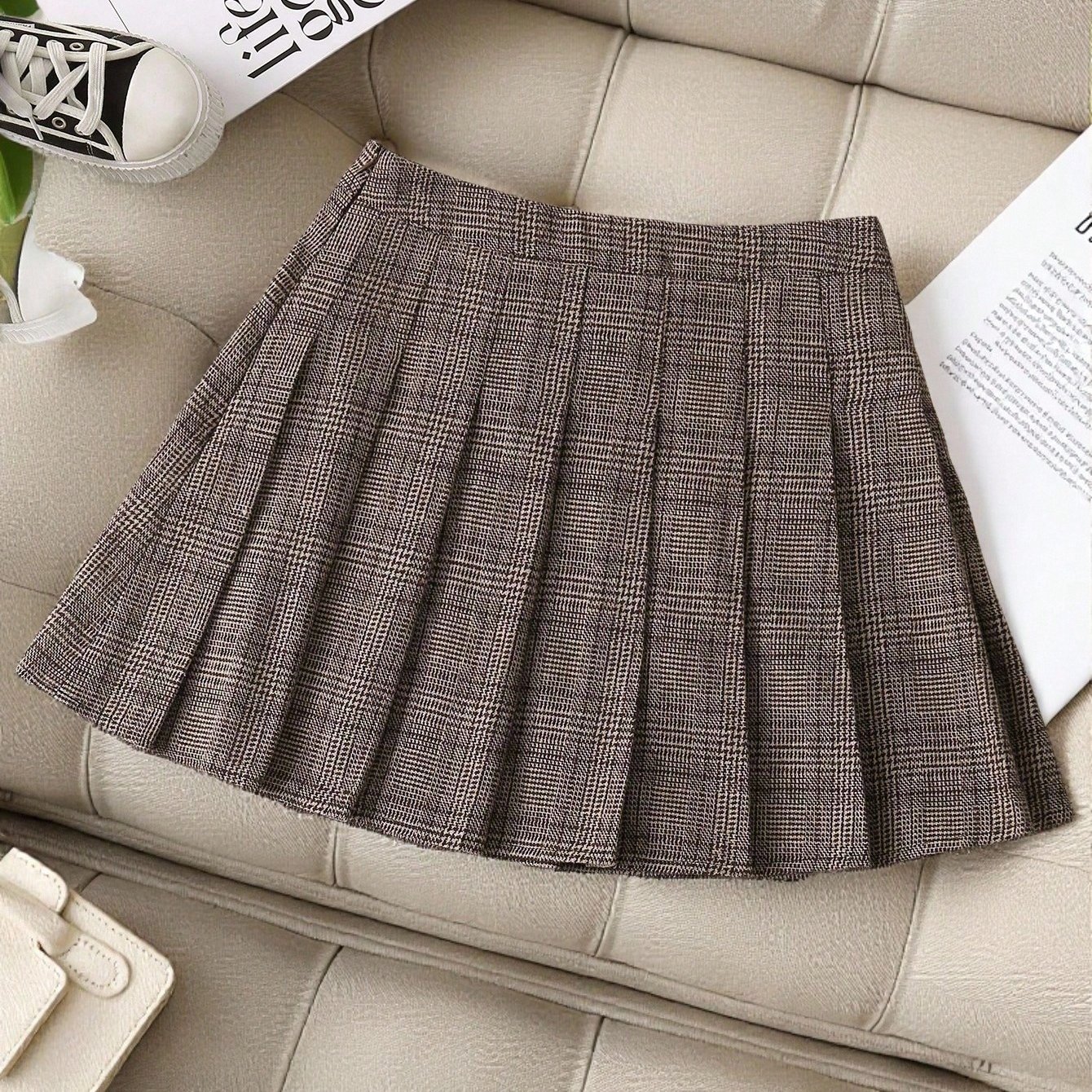 TEMU A Stylish Casual Commuting Pleated Skirt In Coffee Color, Wear During The Back-to- Season