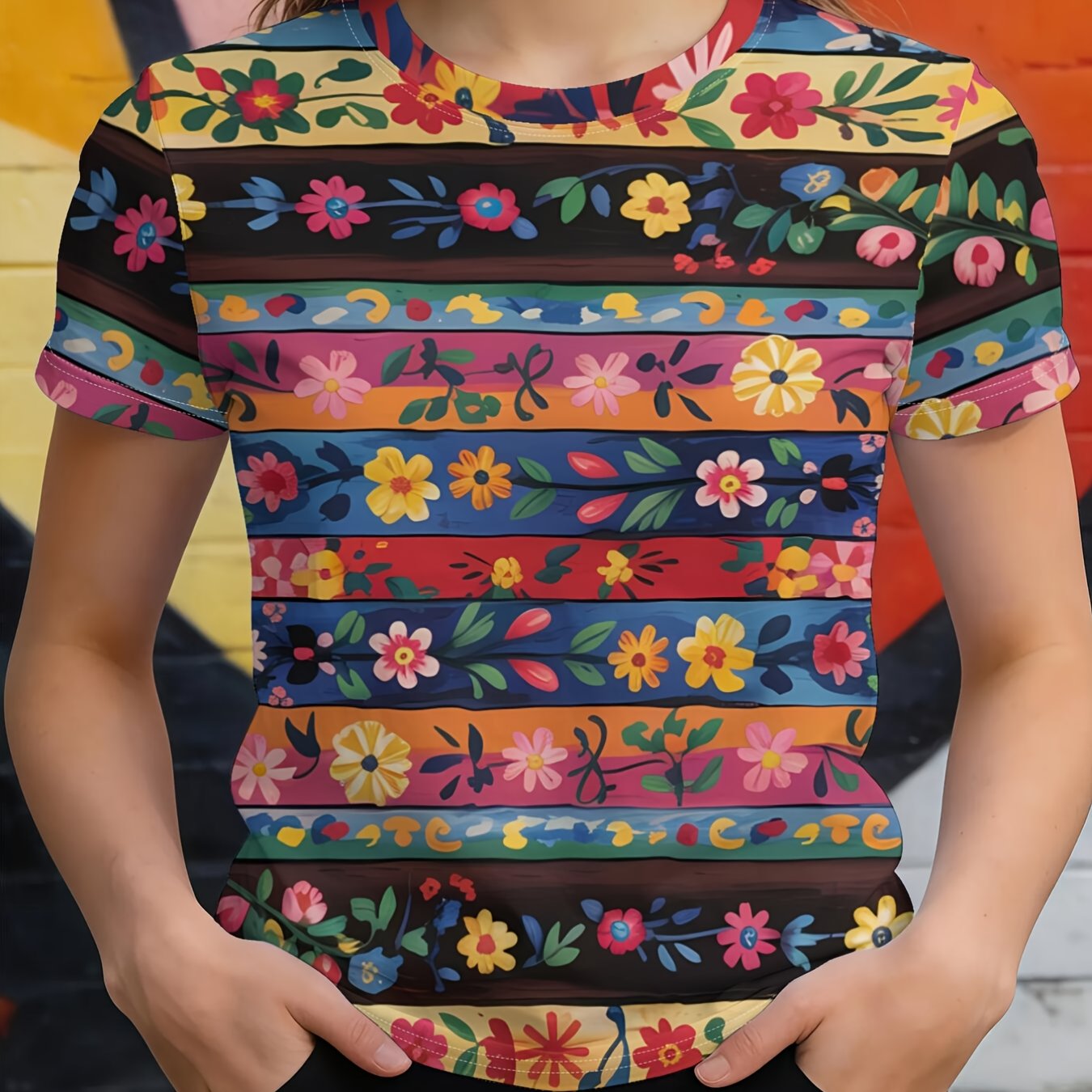 TEMU Floralspring And Summer Trendy New Digital Printed Casual Crewneckt-shirts, Featuring A Fashionable Crew Neck, Short Sleeves, And Aull- Design.