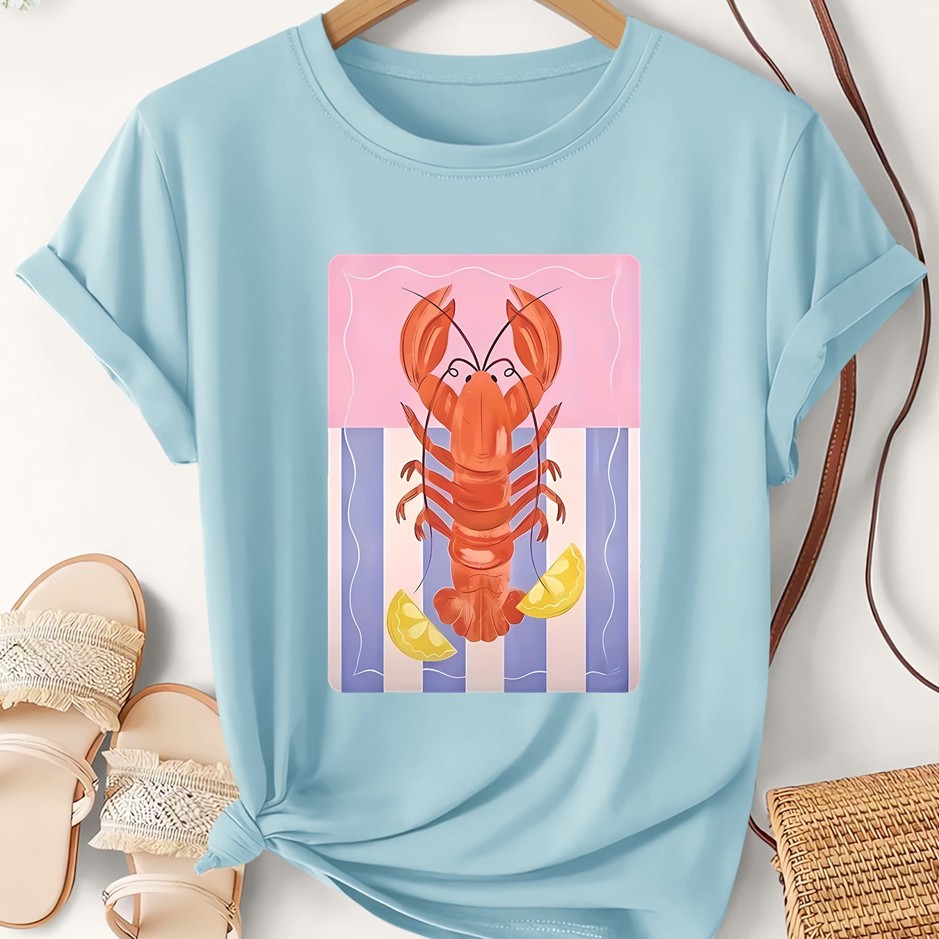 TEMU Women's Summer Plus Size Top | Fresh Illustration Style Lobster Print Women's T-shirt | Easy Literary Style Loose Round Neck Short Sleeve | 2026