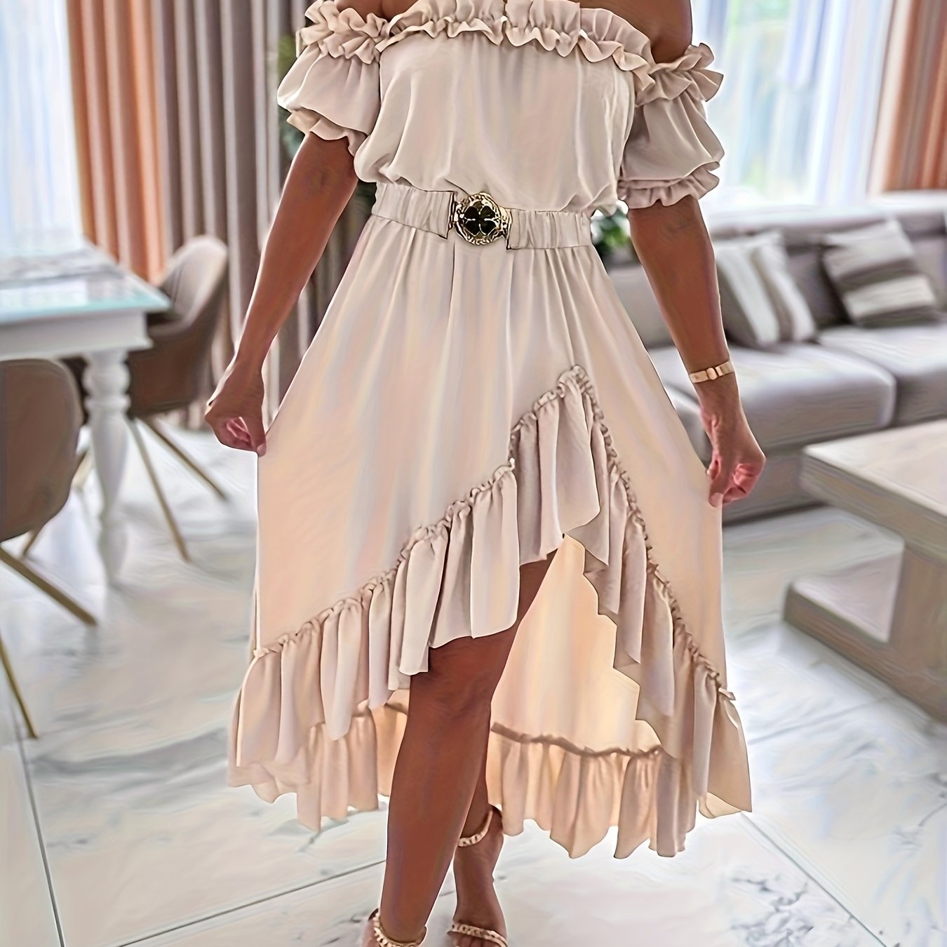Fashion Women's Off-shoulder Short Sleeve Solid Color Sexy Long Dress