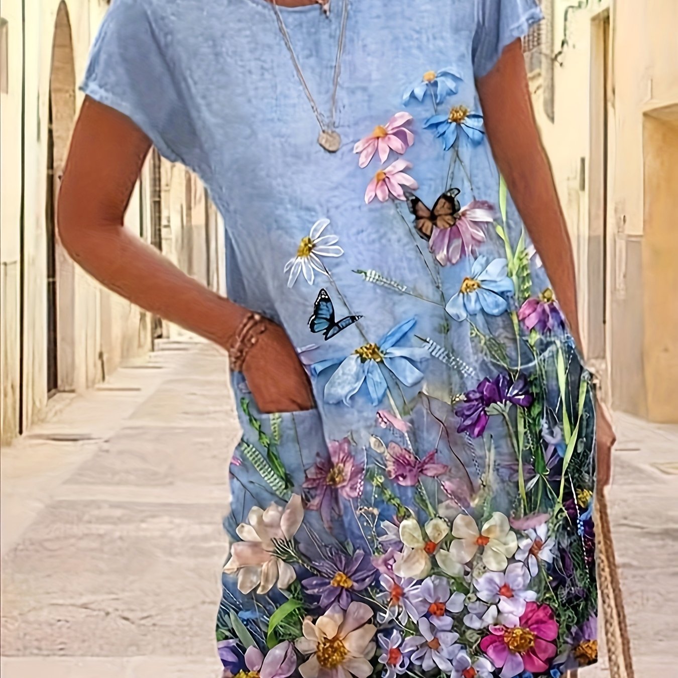 Image of Women's Floral Print A-line Dress - Style With High Elasticity, Round Neck & Machine Washable, Vibrant Botanical Design For Casual & Beach Trips, Outdoor Attire, Easycare Clothing
