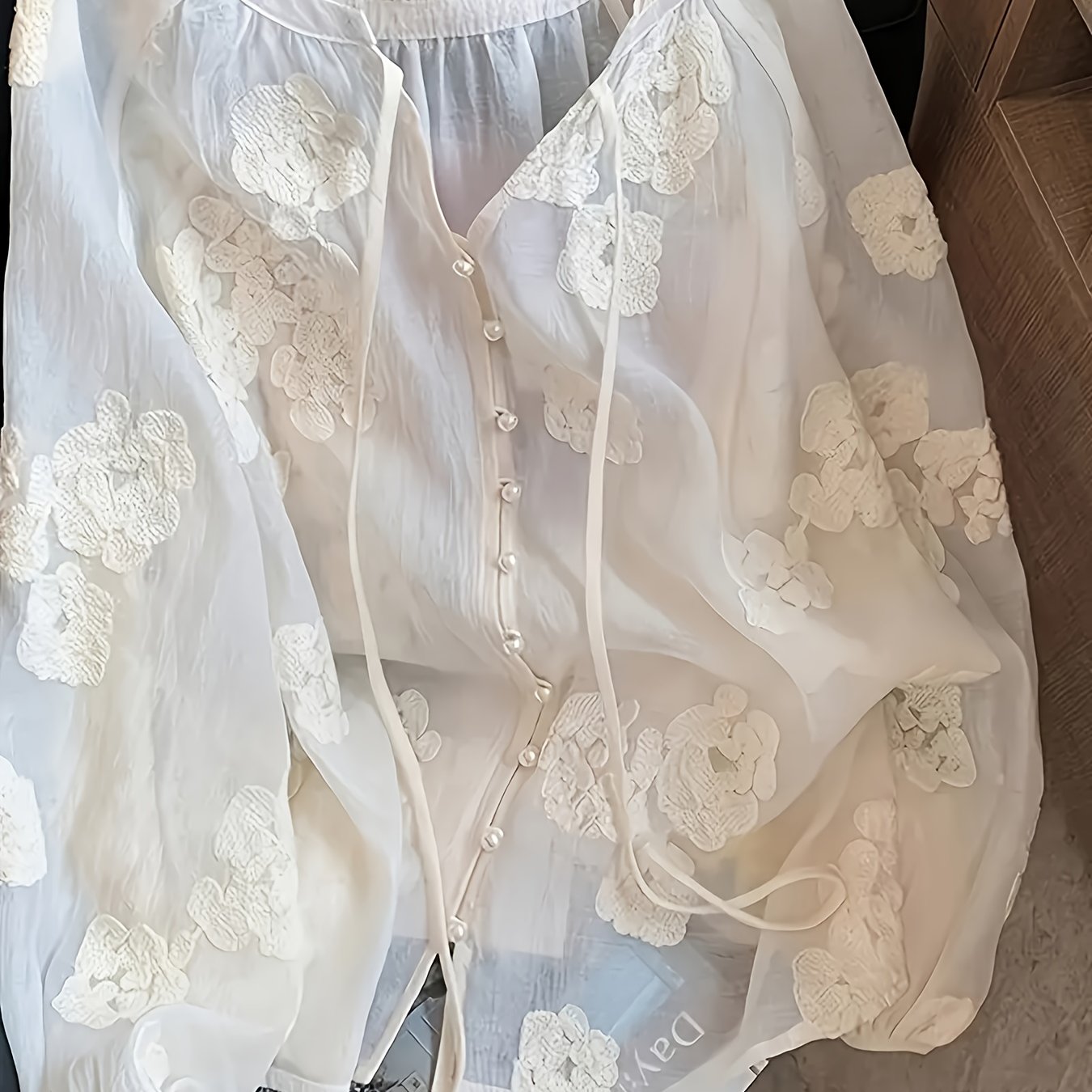 TEMU Gentle Style Round Neck Floral Long Sleeve Thin Breathable Overblouse Top