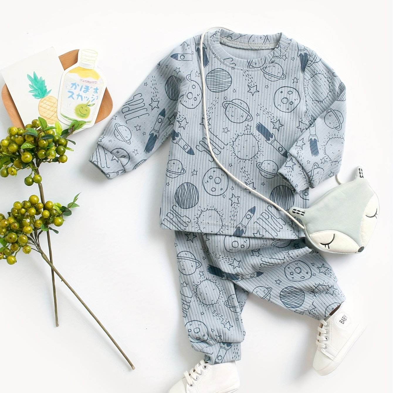 Image of 2pcs Boys' Cute Planet Print Retro Ribbed Knit Long Sleeve T-shirt And Pants Set For Spring, Autumn, Winter, Perfect For Outdoor
