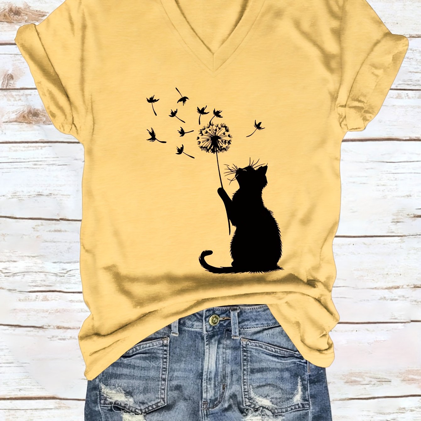 TEMU Cat Takes Dandelion Casual New Style Women's V-neck Loose Short Sleeves