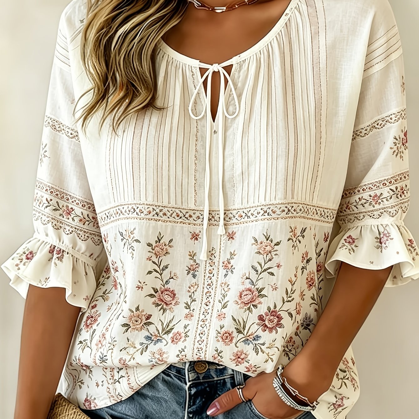TEMU Summer Retro Women's Lace-up Bell Sleeve Shirt Floral Pattern 2d Print Bohemian Style Casual Wear For Spring Summer Beach Vacation