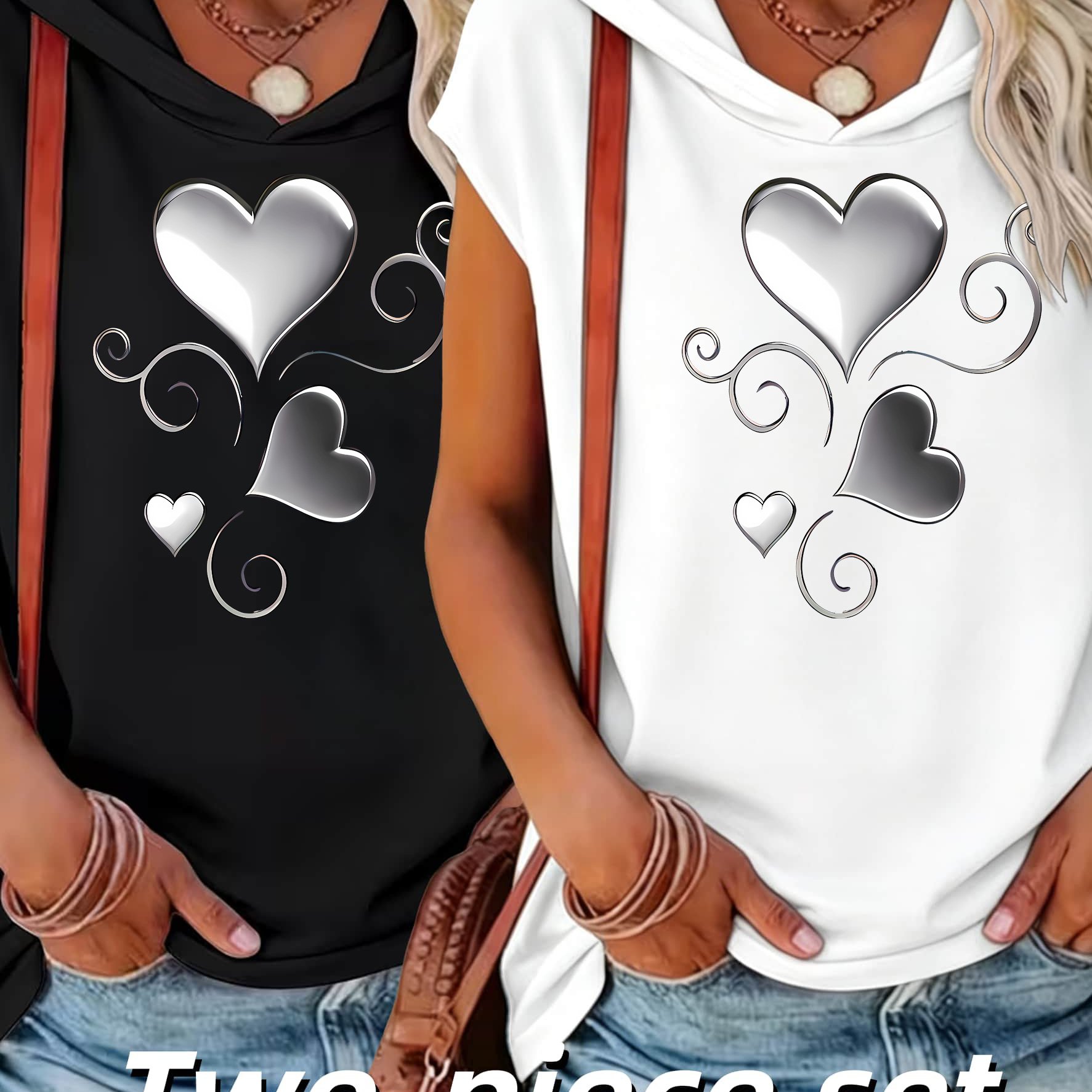 TEMU 2pcs Hooded Heart-shaped Fashion Summer New Y2k Style Women's Suit Elegant Trendy Comfortable T-shirt Top