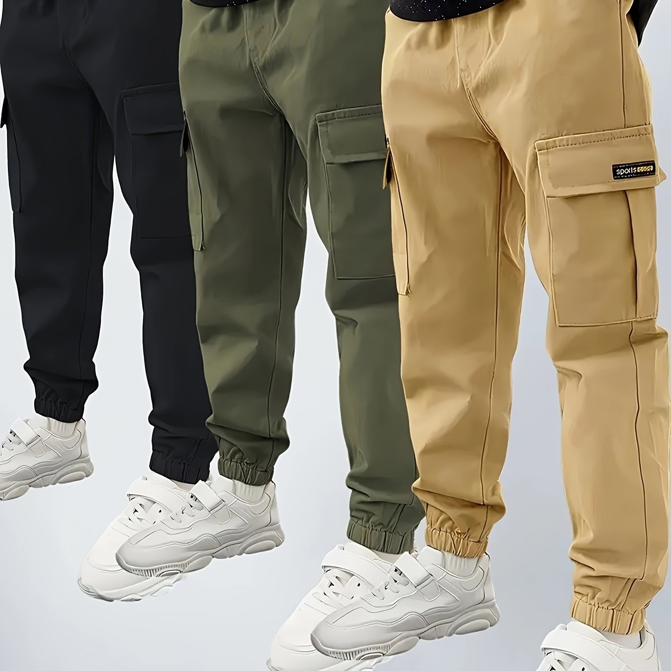3pcs Boys Pants Cargo Pants With Pockets, Casual Solid Color Non-stretch, Suitable For Spring/summer/fall, Perfect For Outdoor