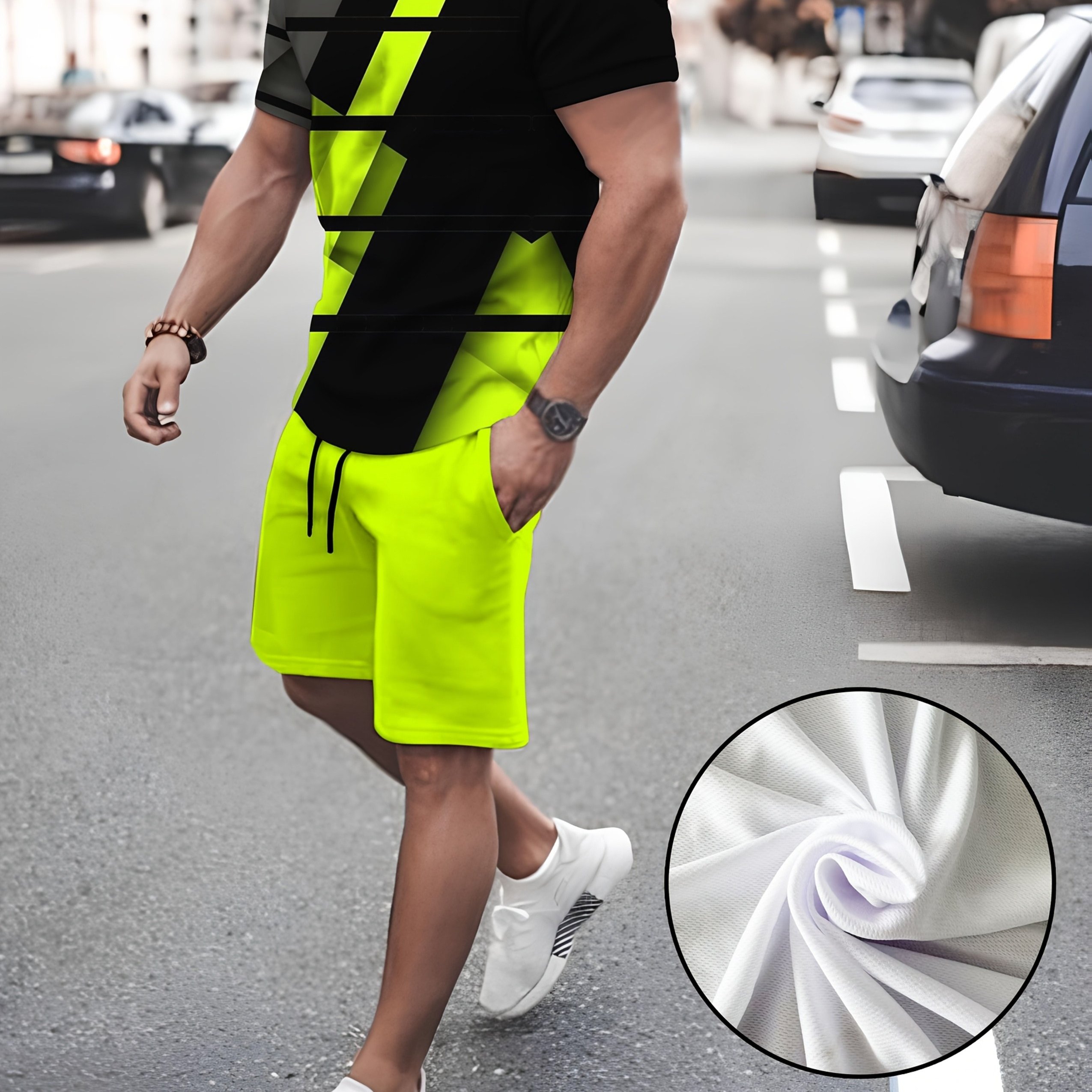 Summer Men's Casual 3d Pattern Printed Fluorescent Color Men's Casual Short Sleeved Shorts 2pcs Set, Casual And Suitable For Sports
