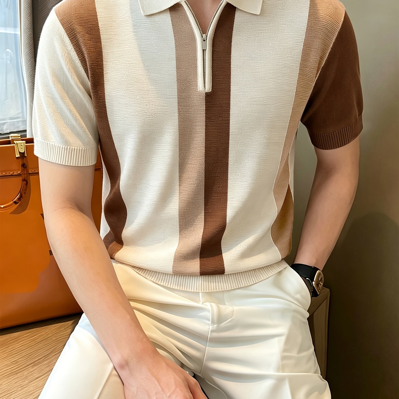 TEMU Men's Summer Short-sleeve Shirt, Light Business Zipper Lapel Shirt, Men's Short-sleeve T-shirt, Fashionable Lapel Contrast-color Knit Sweater,