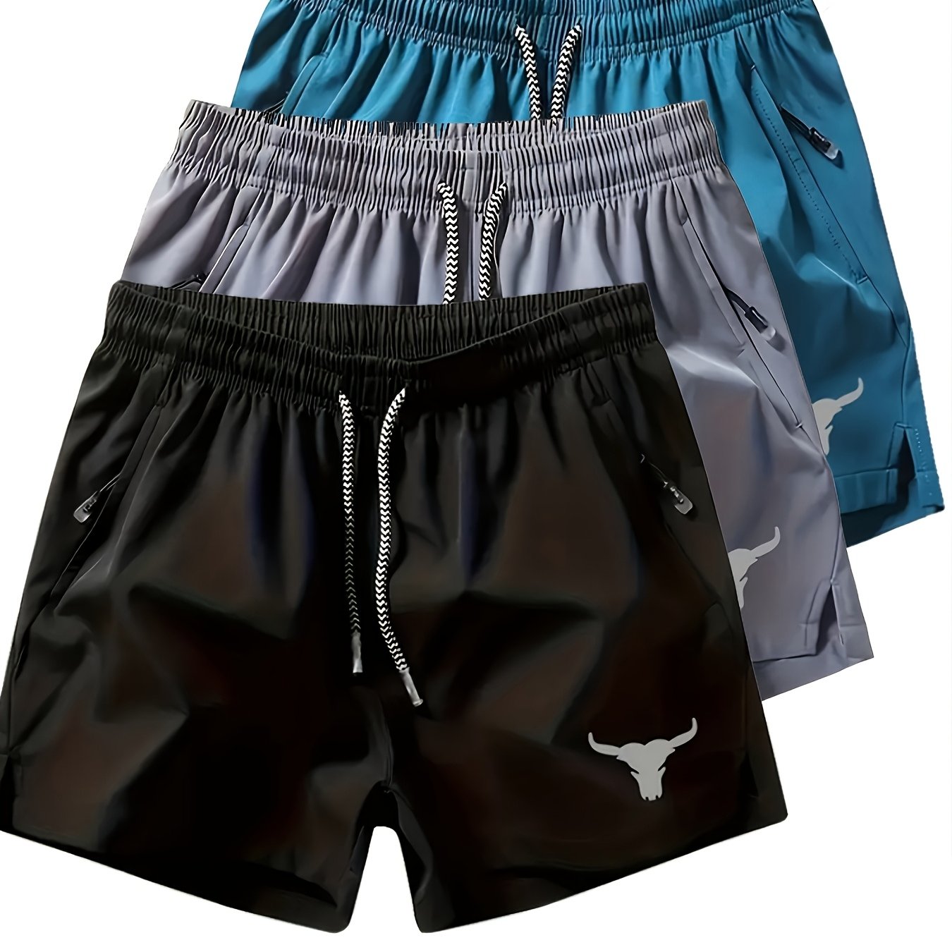 TEMU 3pcs Men's Cow-head Print Solid Color Stretch Quick-drying Zipper Drawstring Sports Casual Shorts