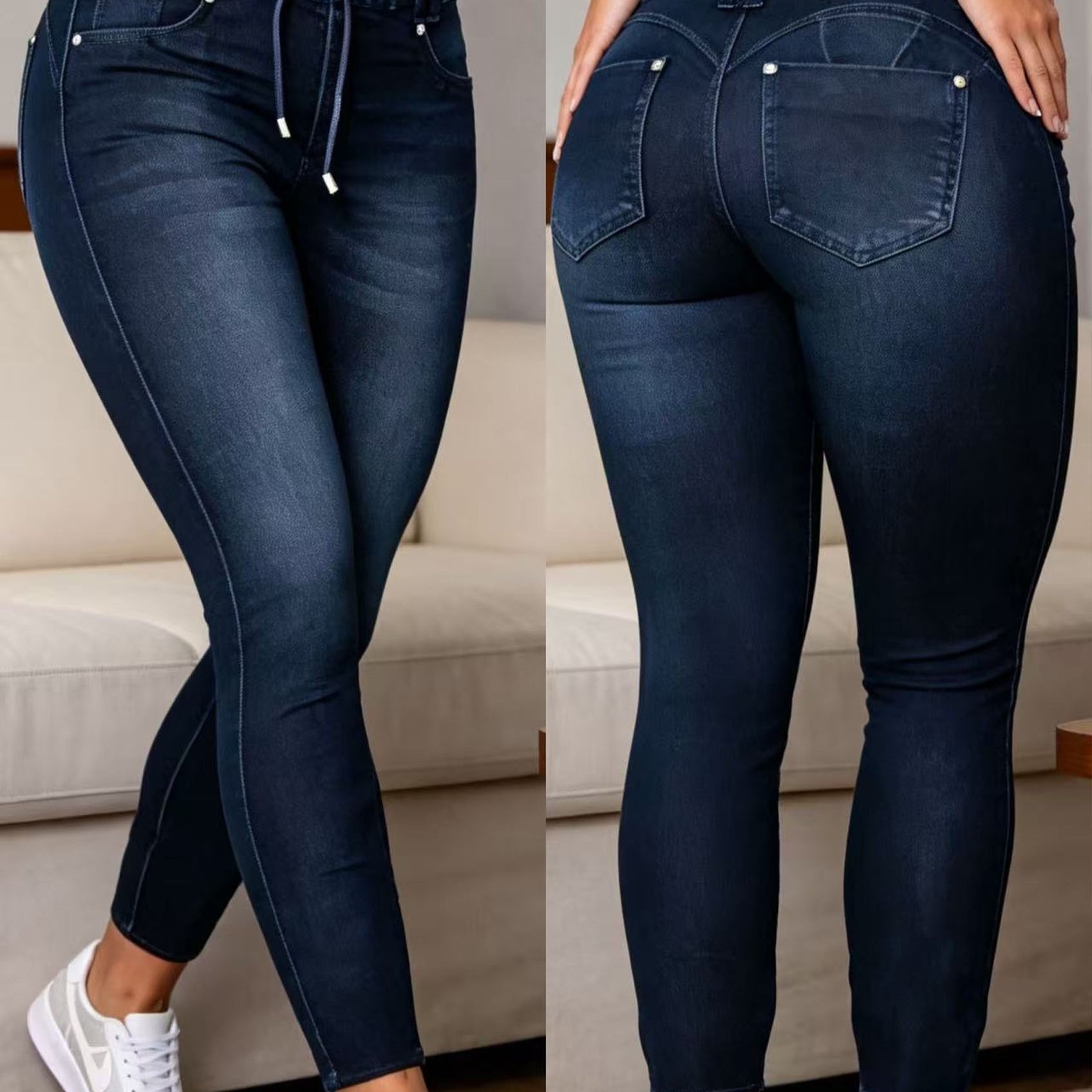 TEMU Jeans noirs stretch skinny points pour femmes, taille élastique rayée avec cordon de serrage, taille haute sculptante pour mettre en valeur les