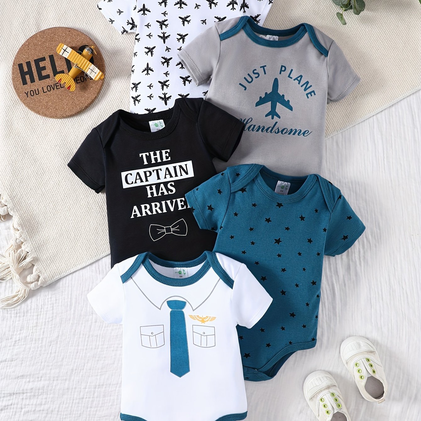 Image of New 5pcs Set Boys' Triangle Bodysuit, With Patterns, Creative, Pure, Comfortable, Soft, For Short Crawling, Perfect For Outdoor
