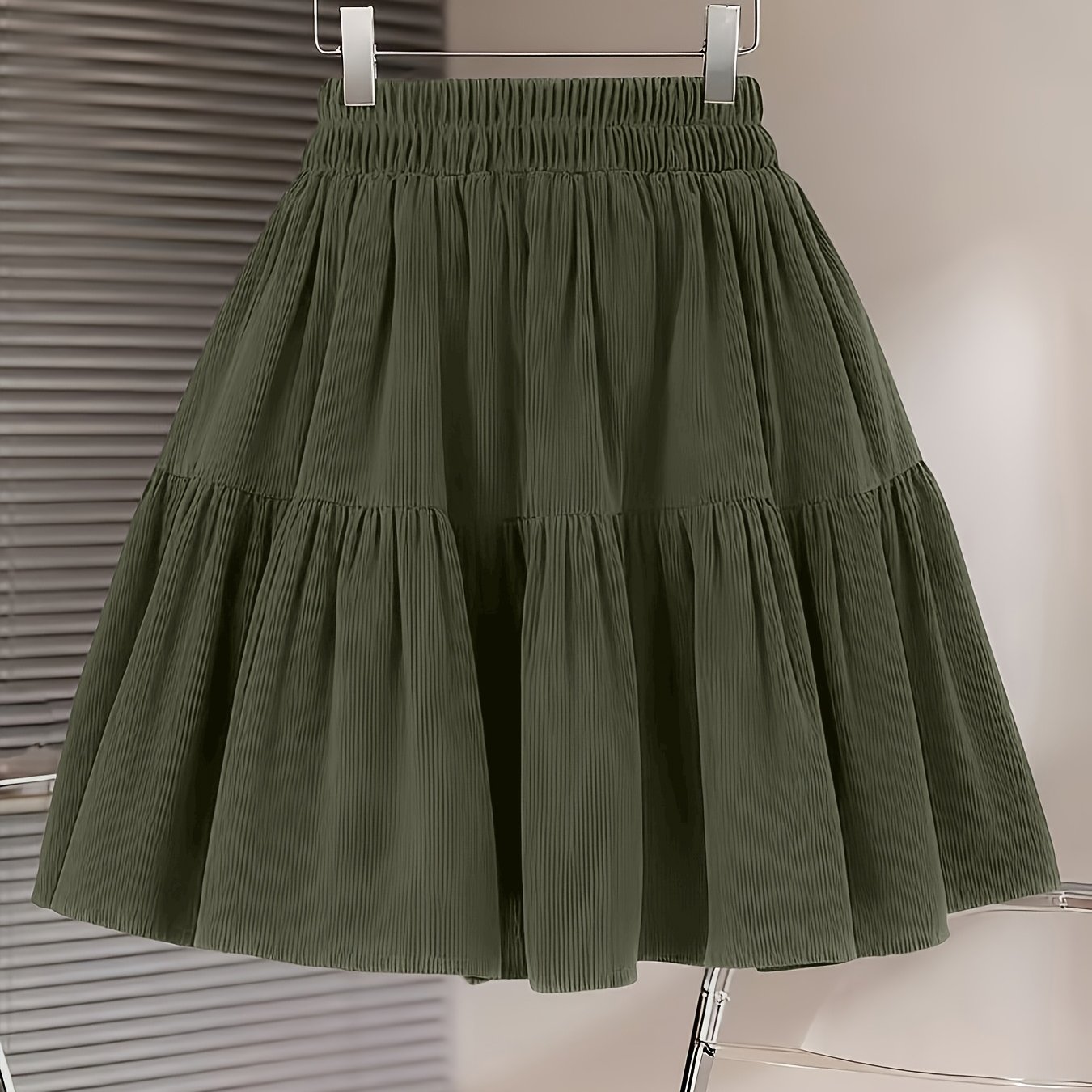 TEMU Zj1201011 Women's Corduroy A-line Skirt, Layered Hem With Elastic Waistband, Retro Spring Summer Casual Mini Dress