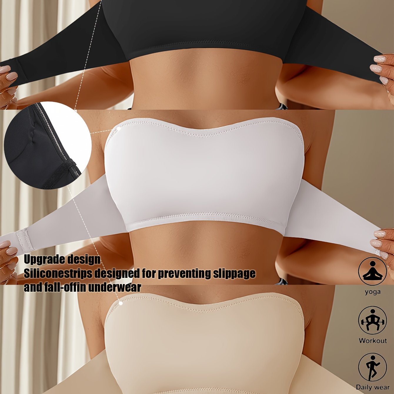 Image of 3pcs Set Strapless Bandeau Bra, Front-clasp Wire-free Bra, Summer Seamless Bra, Solid Color Seamless Bra, Sexy And Comfortable Push-up Bra, Women' Backless , Women's Underwear Bra