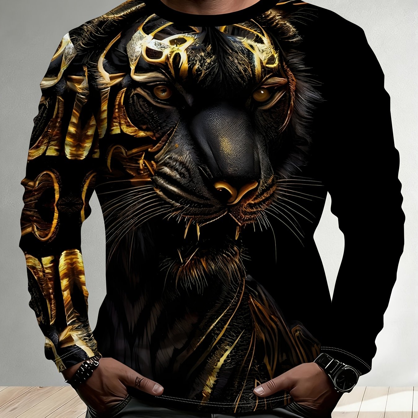 TEMU European And American Daily Versatile 3d Printed Carved Tiger Print Adult Men's Crew Neck Long Sleeve T-shirt Outdoor, Plus Size