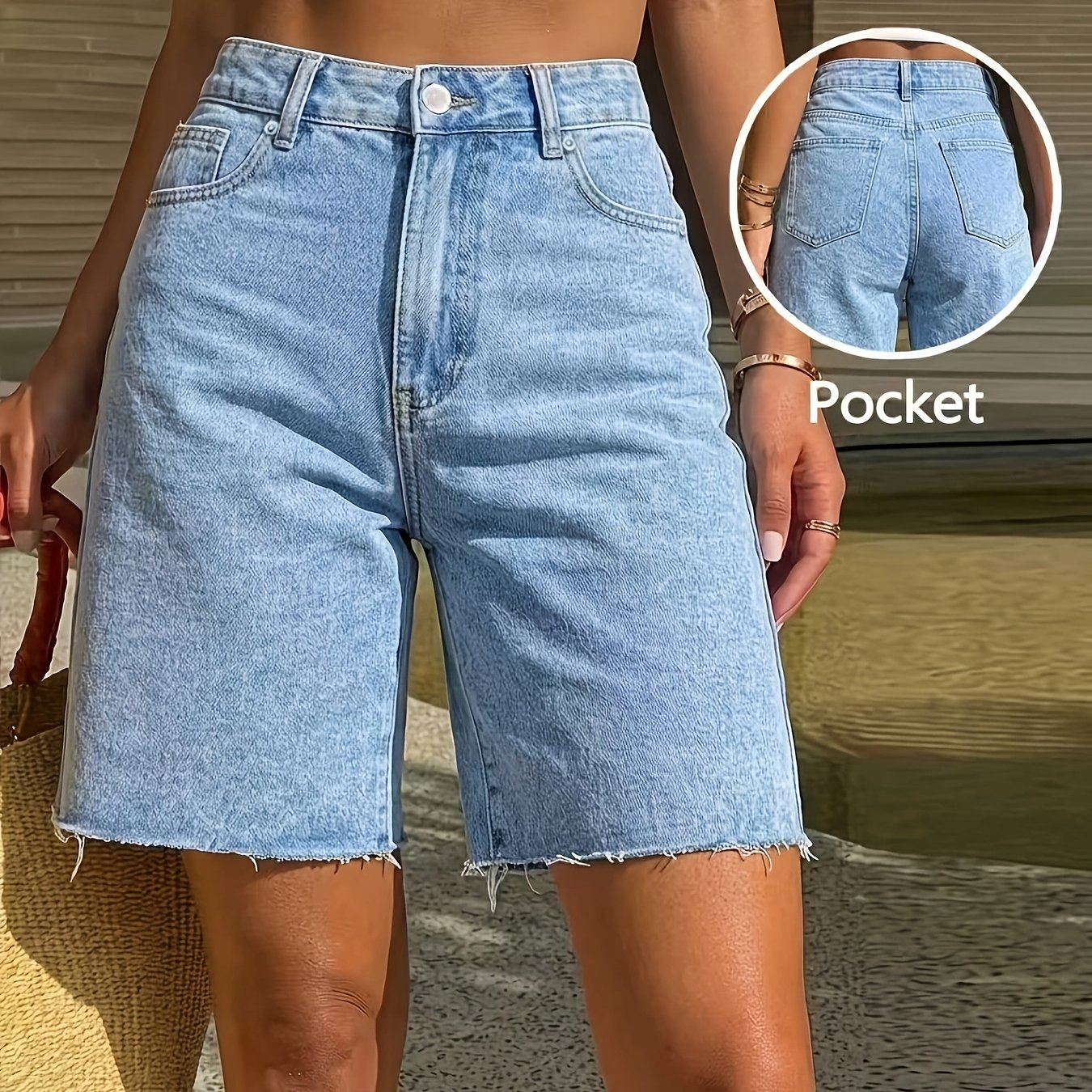 Image of High-waist Light-colored Hem Knee-length Women's Jeans, Summer Stretch Straight-leg Capris, Versatile Casual Denim Shorts